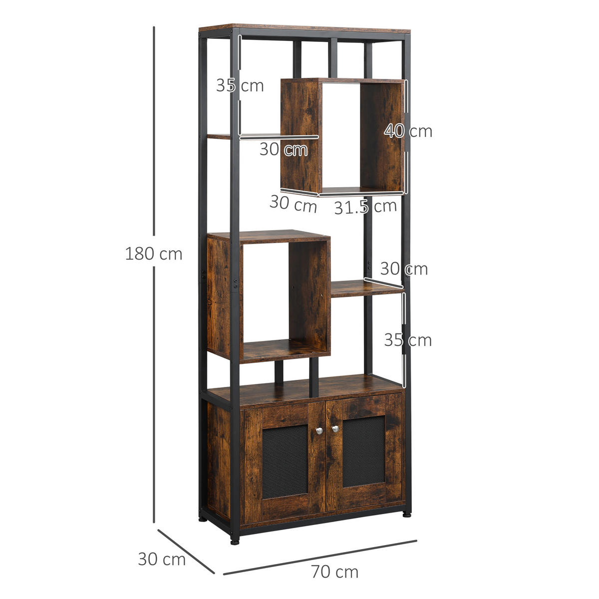 BÜCHERREGAL,INDUSTRIE 8-stöckig mit 2 Türen 70x30x180cm,braun - Braun, Holzwerkstoff (70/180/30cm) - Vallsero