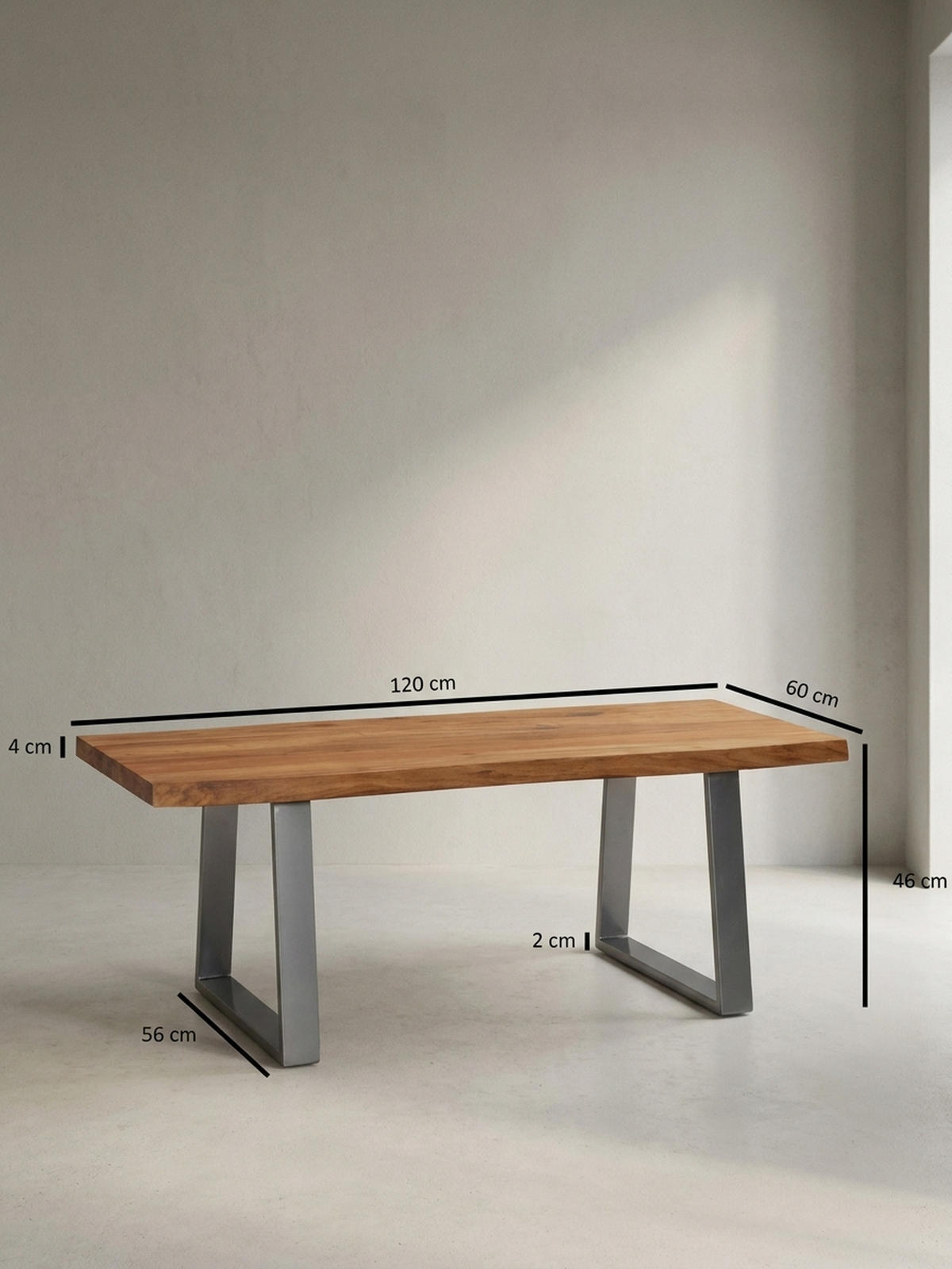 COUCHTISCH aus Akazie Massivholz mit Metall-Trapezbeinen und Baumkante im Design-Stil, Akazie-Silber 120x60x46 cm - Silberfarben/Akaziefarben, Holz/Metall (60/120/46cm) - KADIMA DESIGN