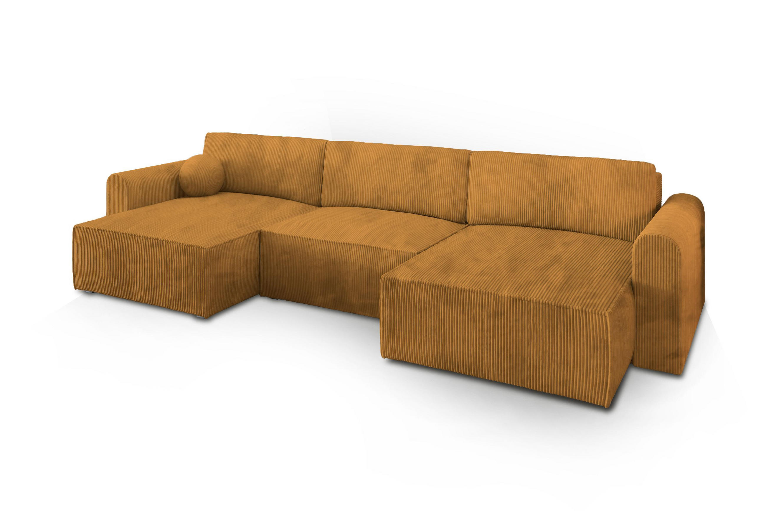 WOHNLANDSCHAFT FENTO P Gelb Kordstoff mit Schlaffunktion - Gelb, Holz (347/90/148cm) - MASSENO
