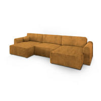 WOHNLANDSCHAFT FENTO P Gelb Kordstoff mit Schlaffunktion - Gelb, Holz (347/90/148cm) - MASSENO