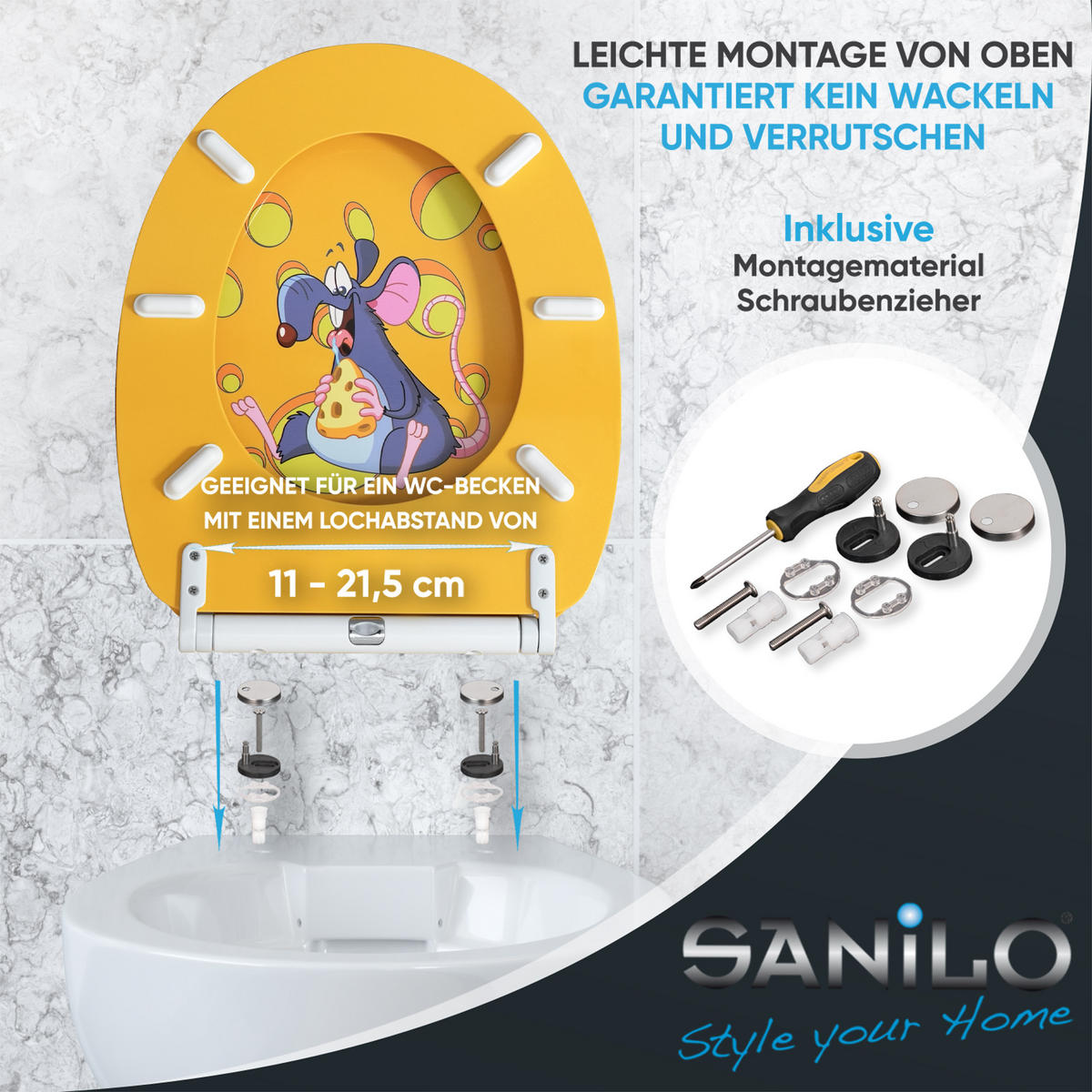 WC-SITZ mit Absenkautomatik & Top Fix Cheesy - Gelb, Holzwerkstoff (37.7/5.5/48cm) - Sanilo
