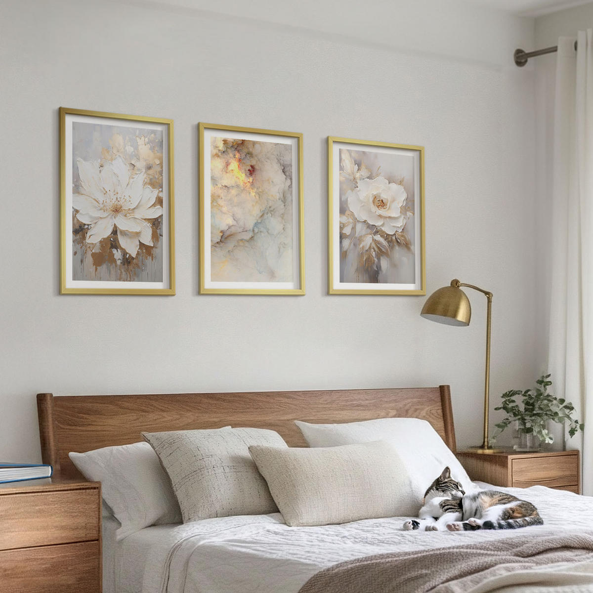BILDER SET 3er Set - 40x60 cm Goldrahmen - Blumen heller abstrakter Hintergrund - Goldfarben, Kunststoff (40/60cm) - TULUP