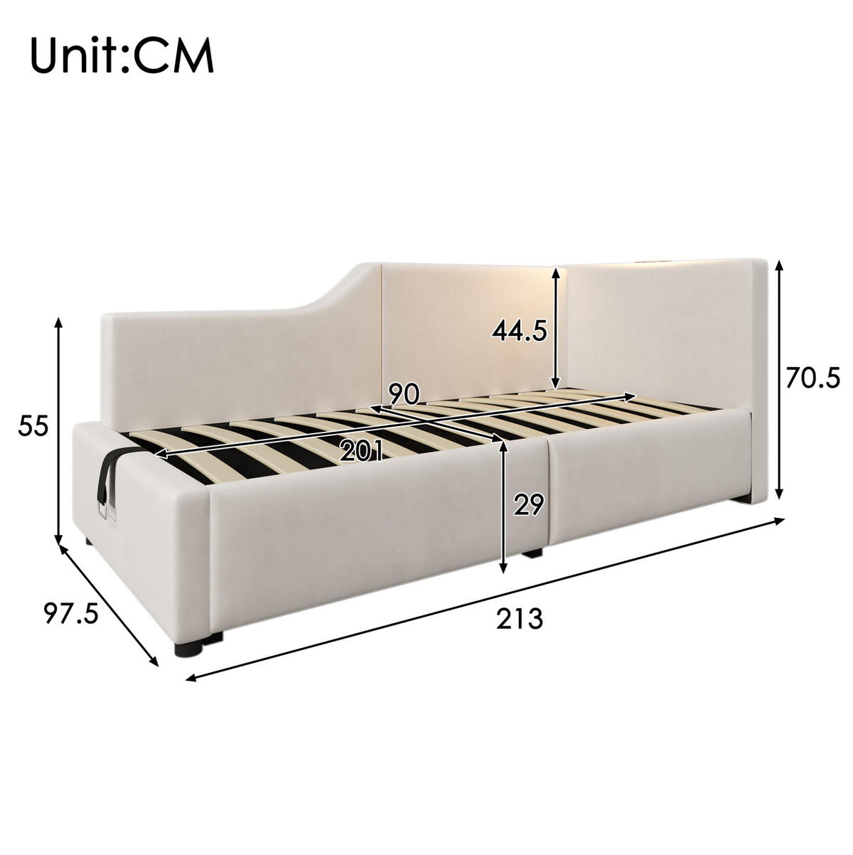 POLSTERBETT 90/200 cm in Beige mit Stauraum, Leselampe und USB- und Type-C-Anschlüssen - Beige, Textil (90/200cm) - Flora Grace