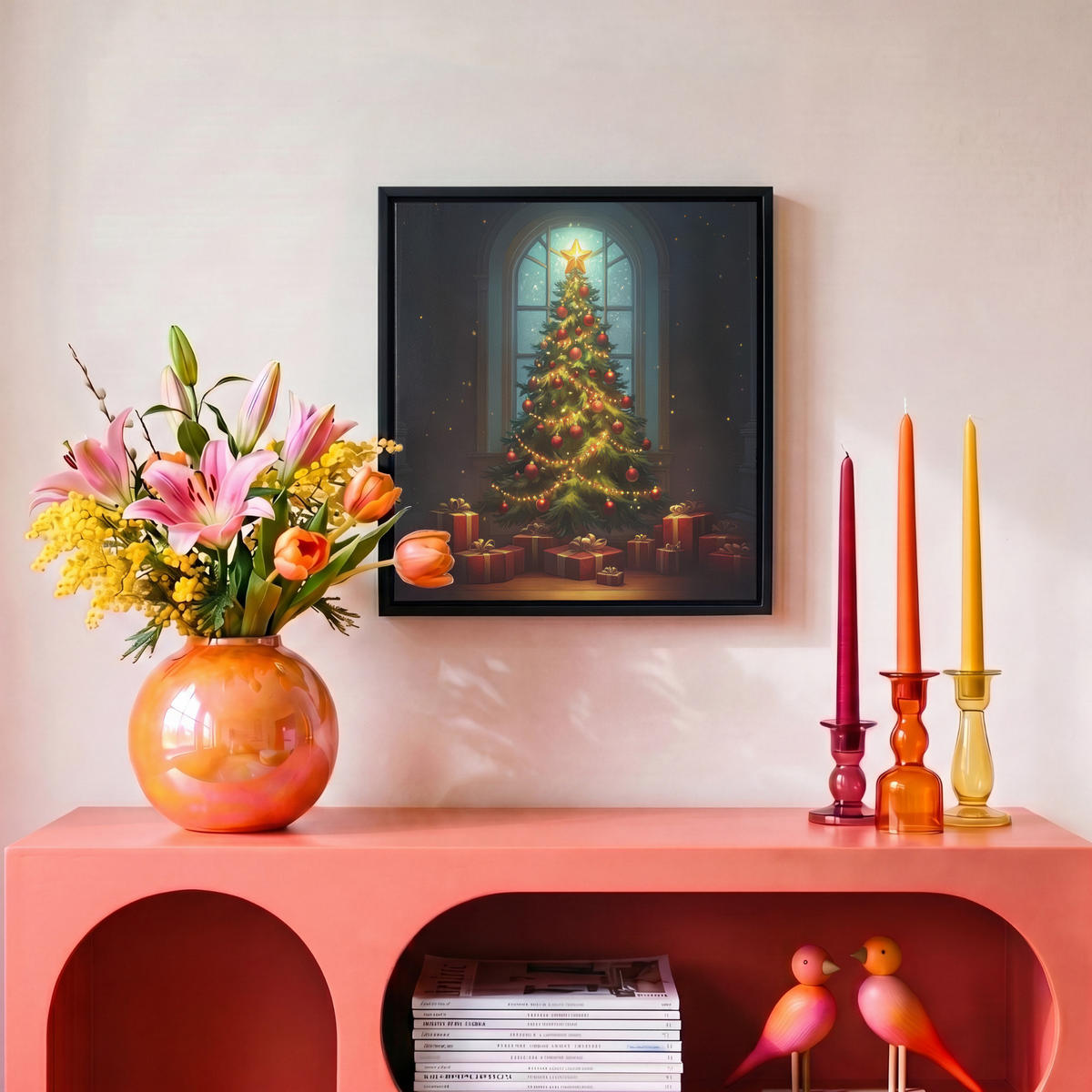LEINWAND Bilder mit Rahmen - Weihnachtsbaum - Geschenk - Winter - 20x20 - Grün, Textil (20/20cm) - MuchoWow