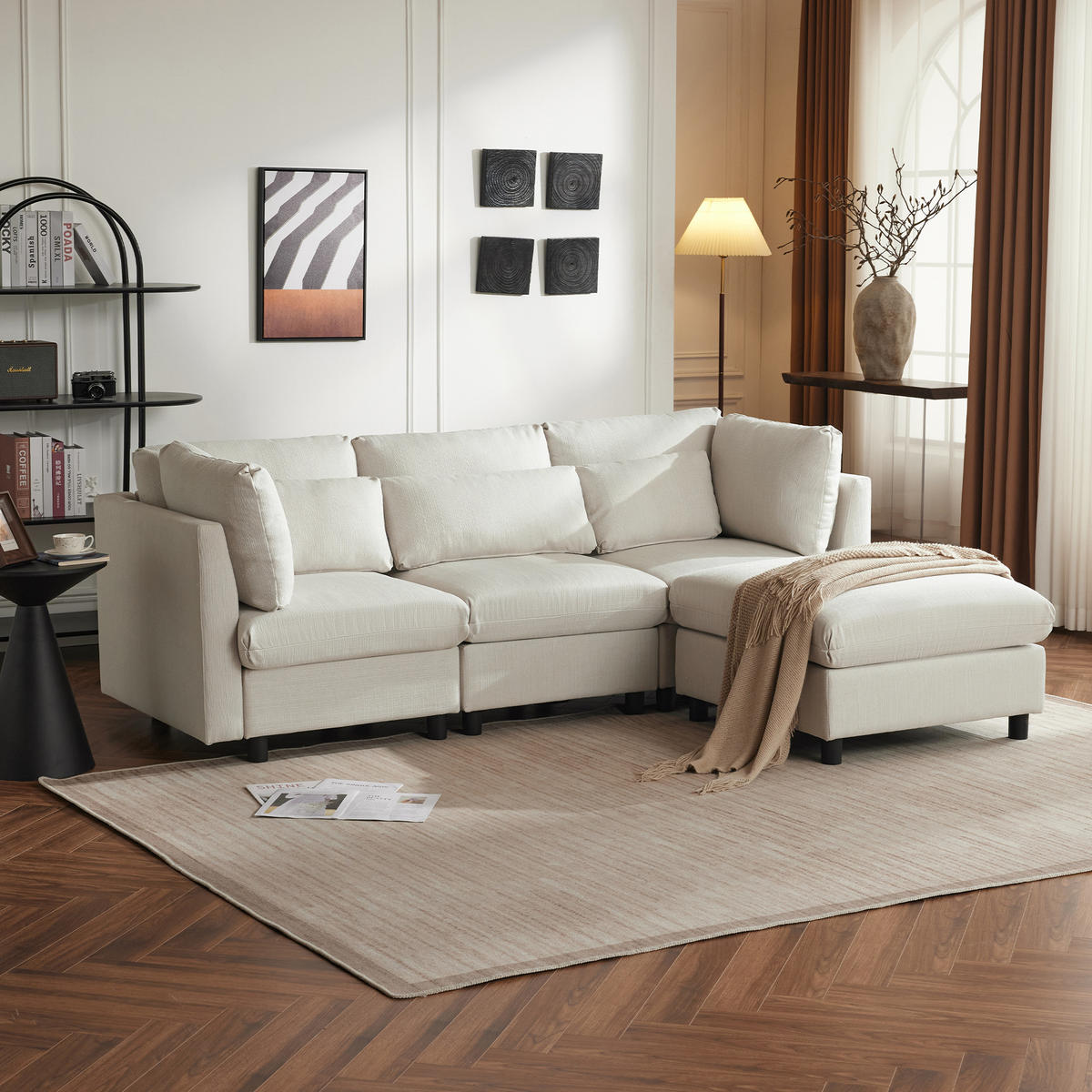 ECKSOFA L-Form Dreisitzer mit Fußhocker Modern Polster Beige - Beige, Holz (76/76cm) - FLIEKS