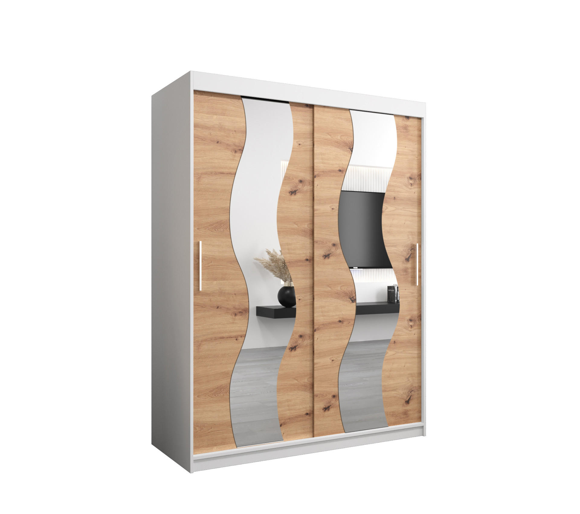 Abiks Möbel Schwebetürenschrank Weiß, Eiche Artisan 150x200x62 cm