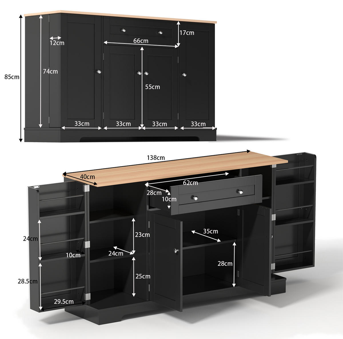 SIDEBOARD mit Schublade 138 cm MDF Schwarz - Schwarz, Holzwerkstoff (138/85/40cm) - Meubliv