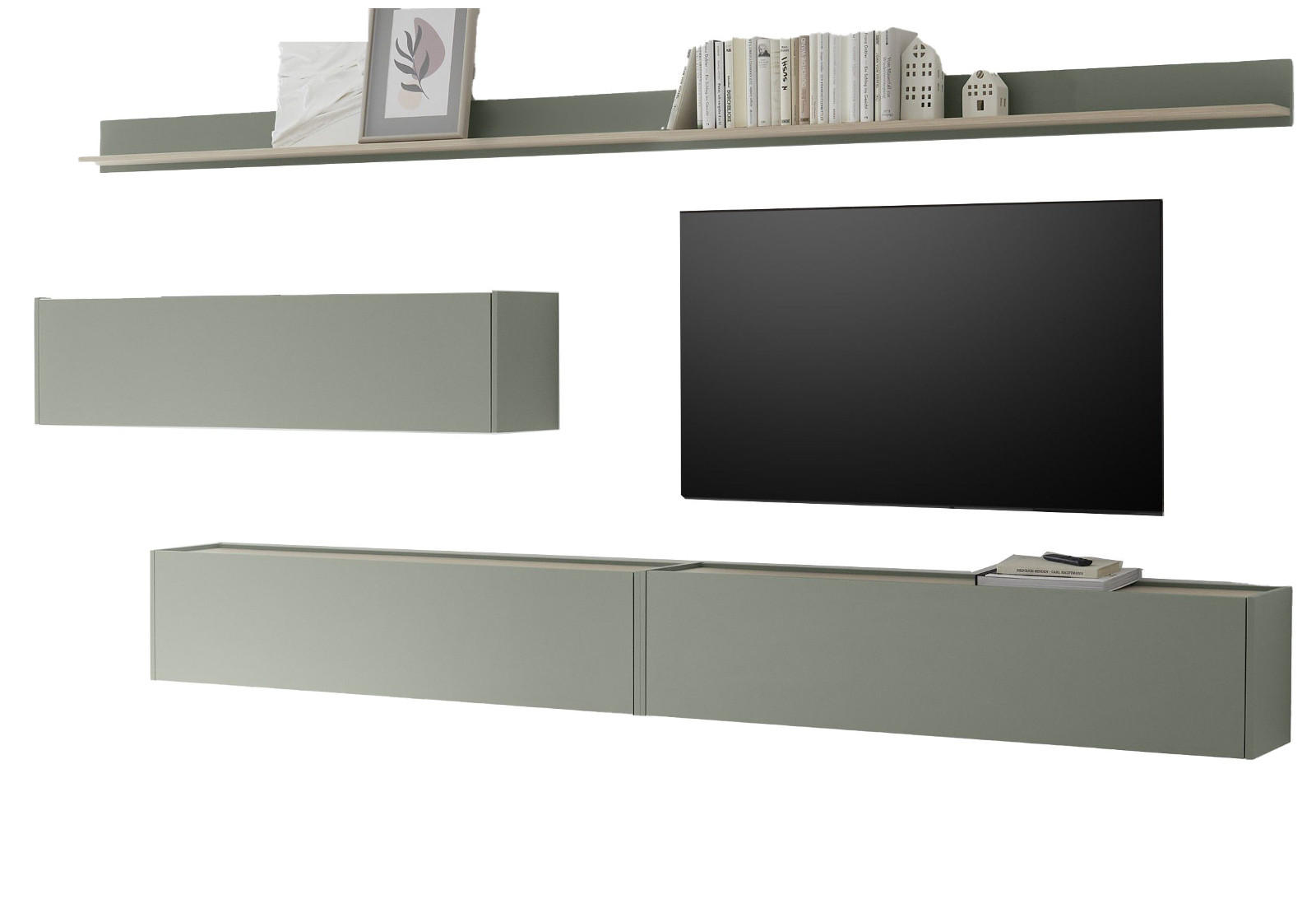 WOHNWAND Salbei grün, Barista Eiche Set 5-teilig mit XXL TV-Board 340 cm - Salbeigrün/Eichefarben, Holzwerkstoff/Metall (340/180/30cm) - Furn.Design
