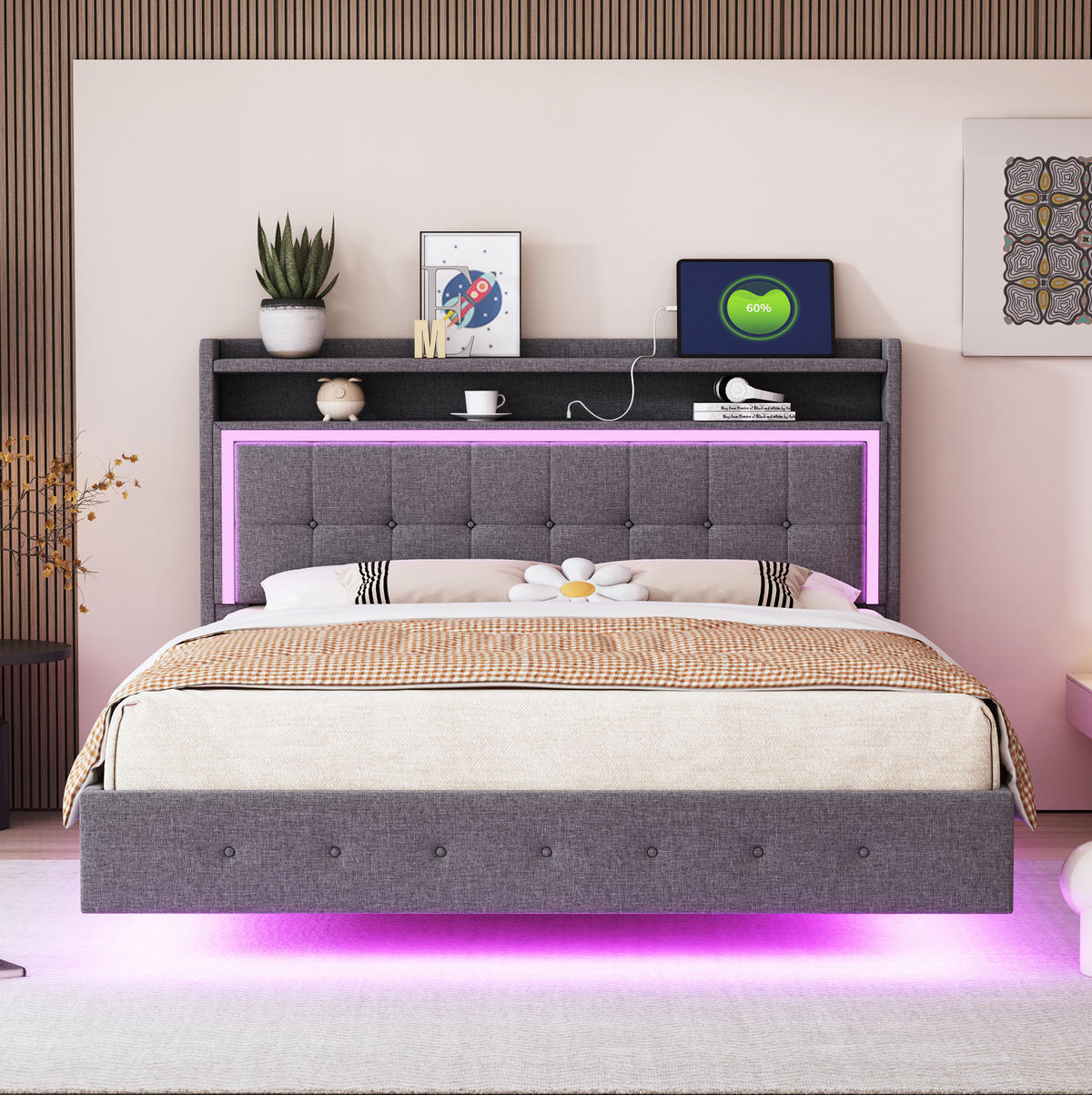 ČALÚNENÁ posteľ z ľanovej tkaniny 140x200 cm sivá s USB zásuvkou, LED osvetlením a skrytými nohami - sivá, textil (140/200cm) - Modfu