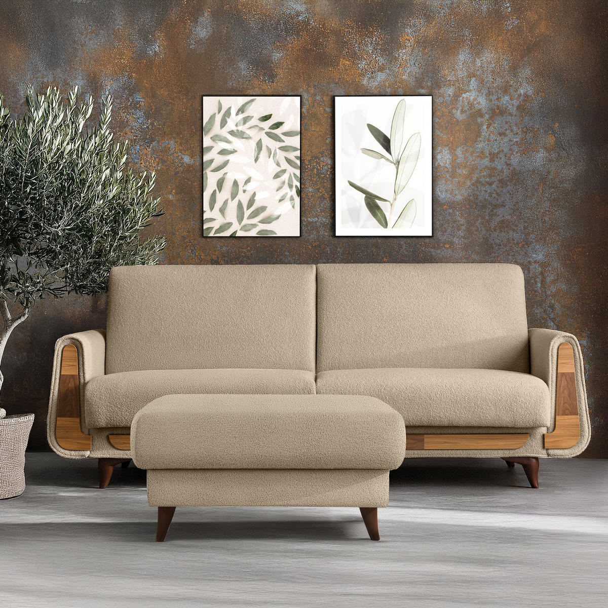 HOCKER GUSTAVO Bouclé, Beige - Beige, Holz/Holzwerkstoff (92/49/92cm) - KONSIMO®