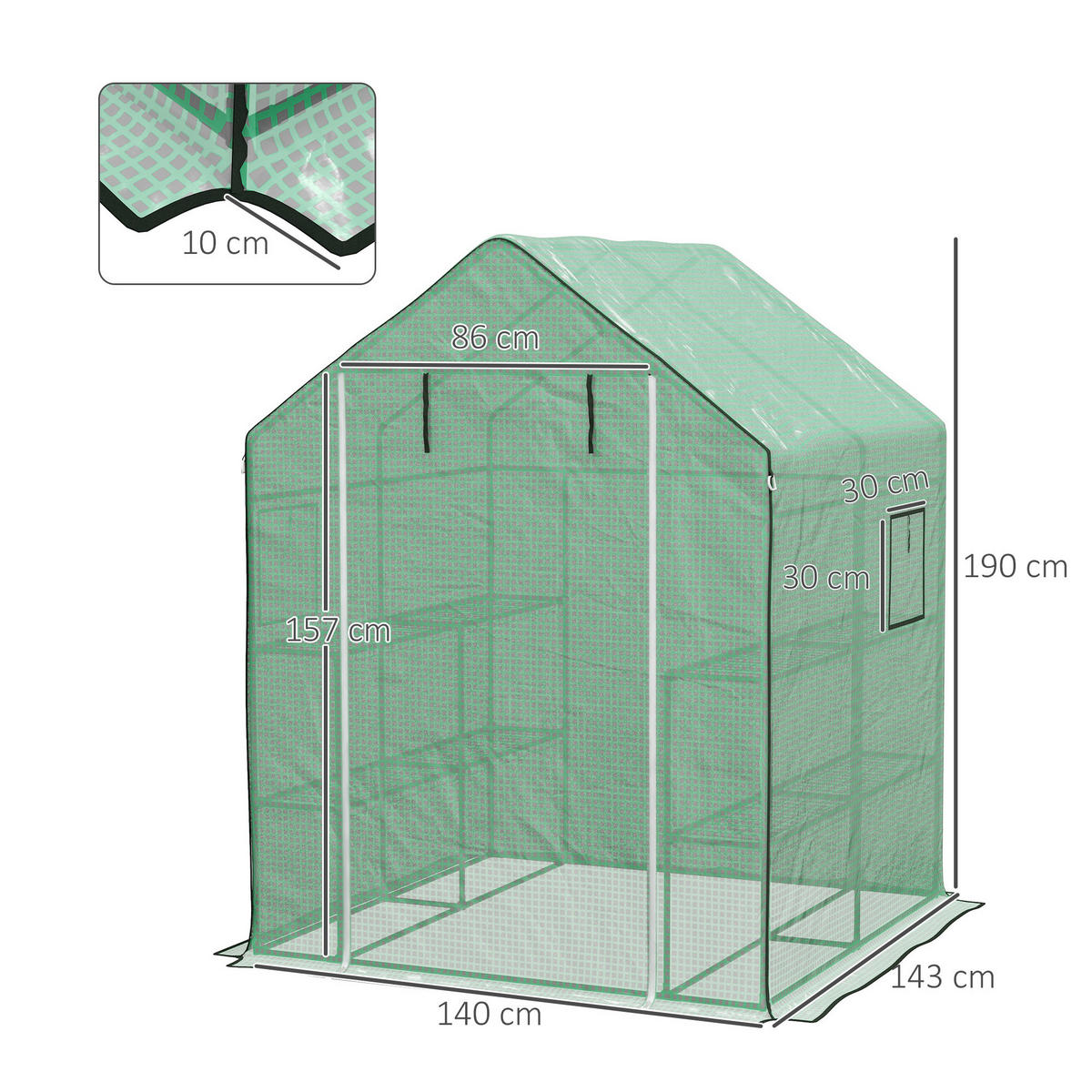 GEWÄCHSHAUS DE-11950 mit Tür & Fenster & 3 Etagen Transparent - Grün, Kunststoff (140/190/143cm) - ComfortXL