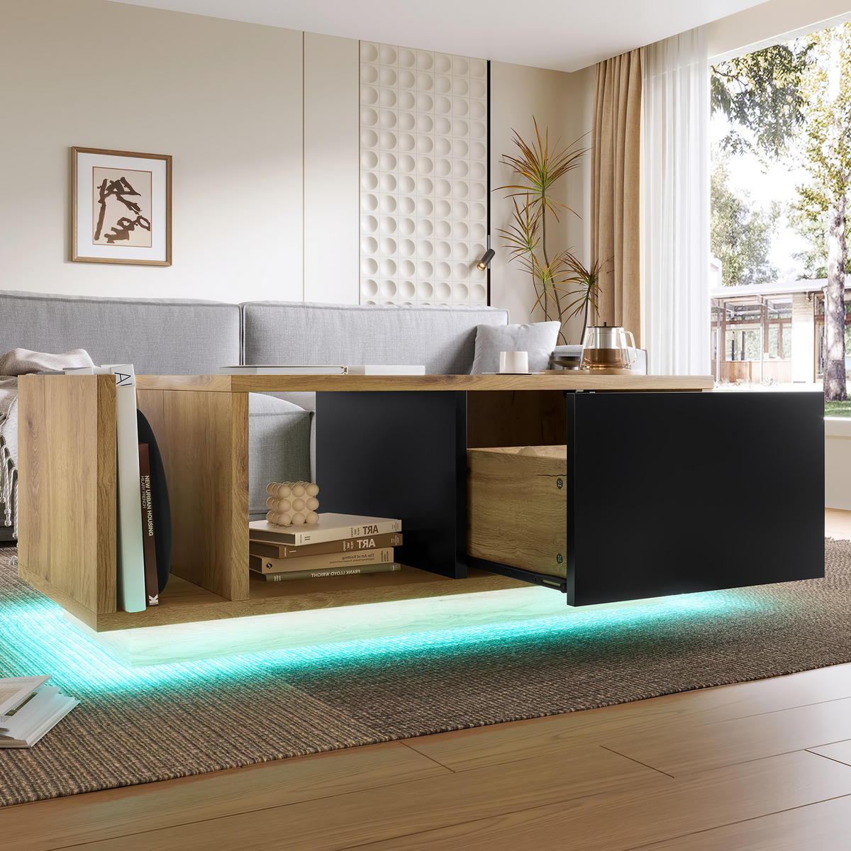 COUCHTISCH mit Intelligenter LED-Sensorik, Metall- und Holzstruktur, Naturfarbe - Naturfarben, Holz (99.5/53/38cm) - KOMHTOM