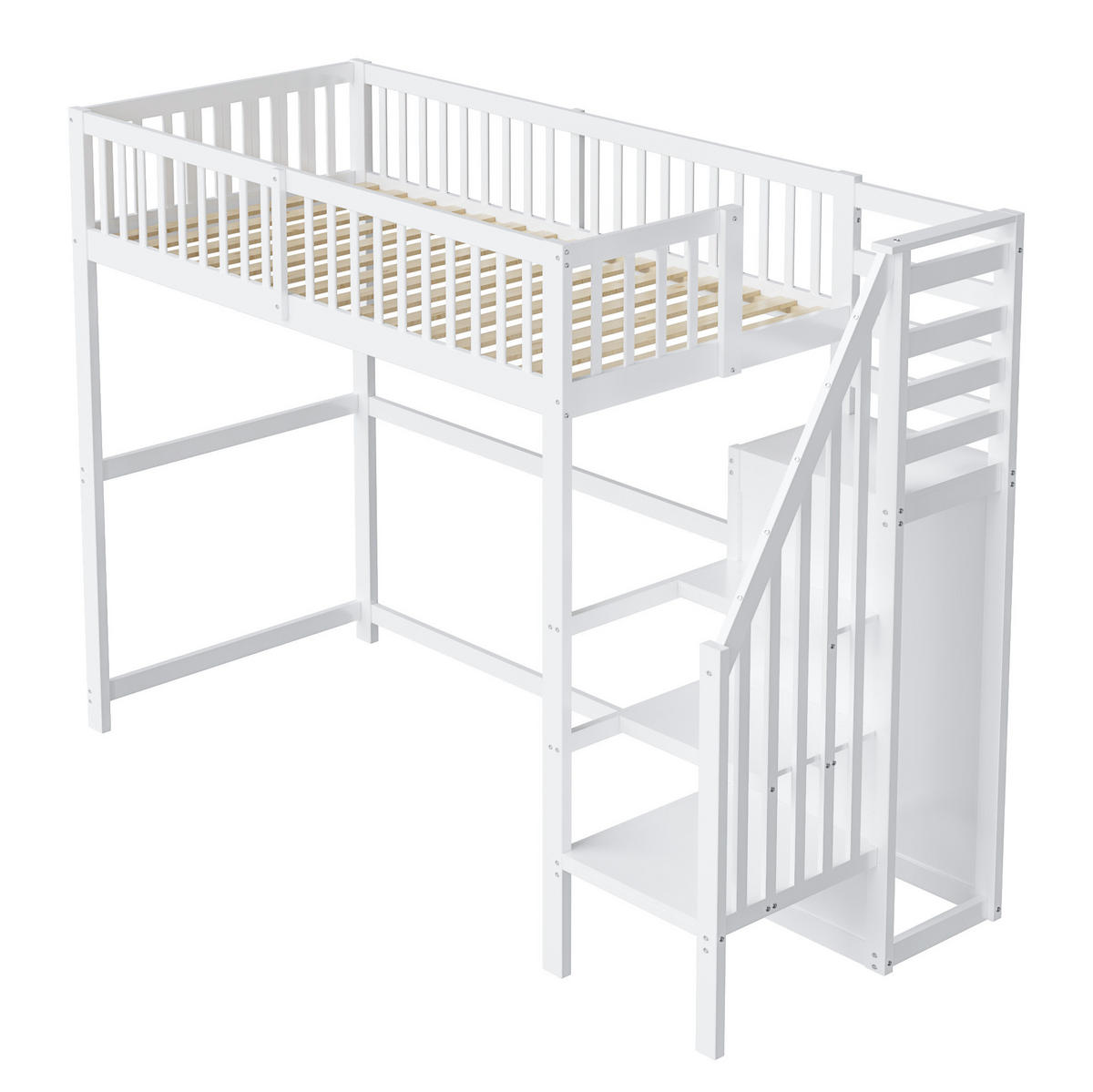 HOCHBETT 90/200 cm Weiß aus Holz mit Treppe und Kleiderschrank - Weiß, Holzwerkstoff (90/200cm) - OKWISH