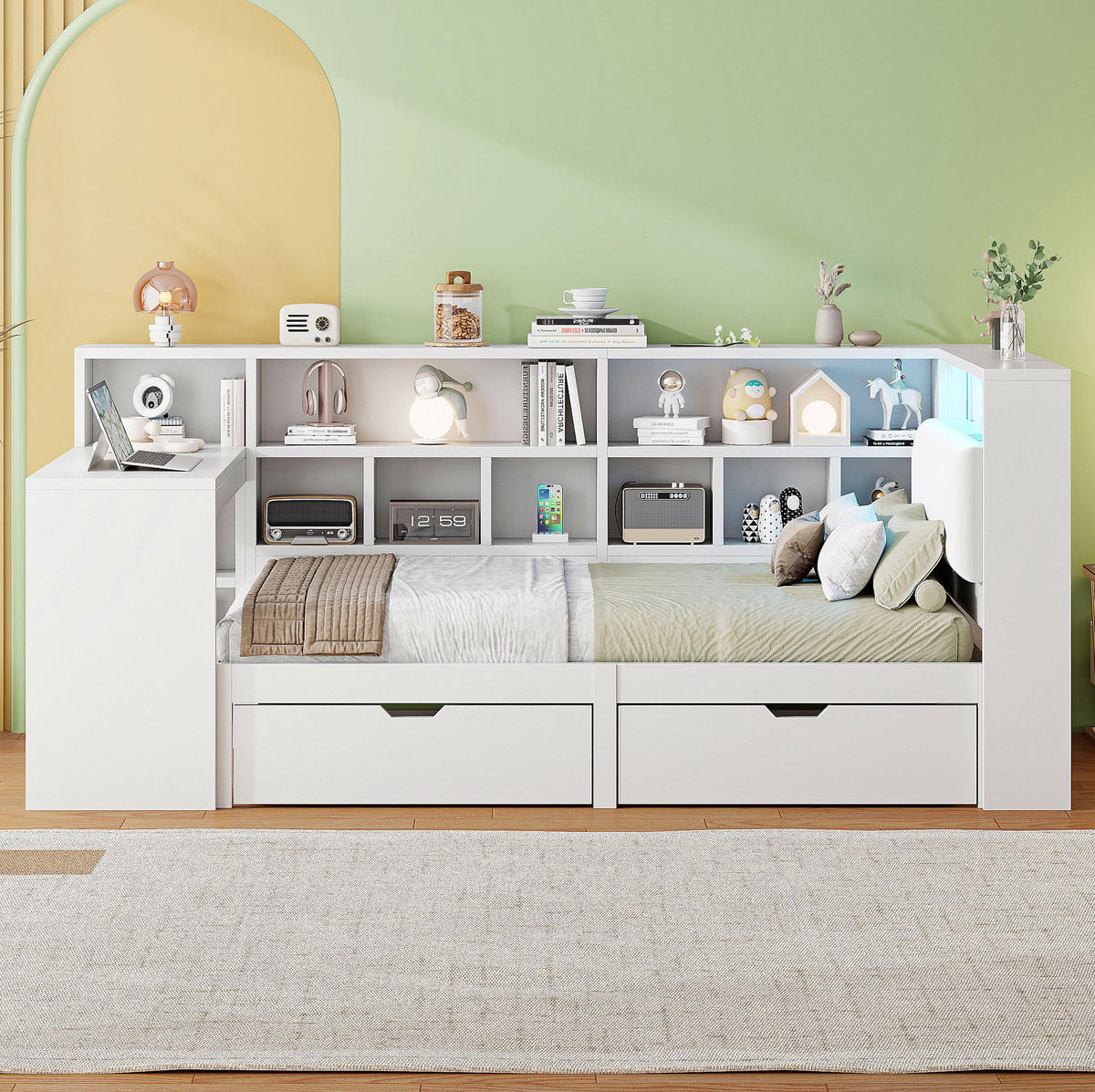 BETT 90/200 cm in Weiß mit Schreibtisch, Regal und LED-Beleuchtung - Weiß, Holzwerkstoff (90/200cm) - Flora Grace