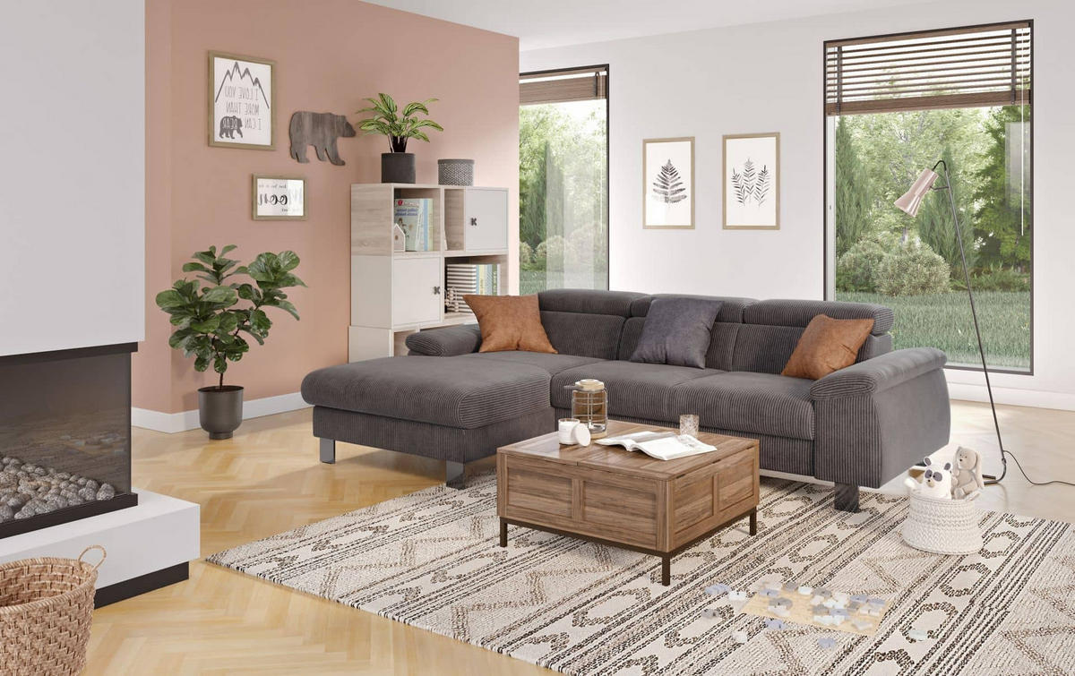 ECKSCHLAFSOFA mit Bettkasten – Cord-Stoff - Chromfarben/Anthrazit, Holz/Textil (244/166cm) - Cotta