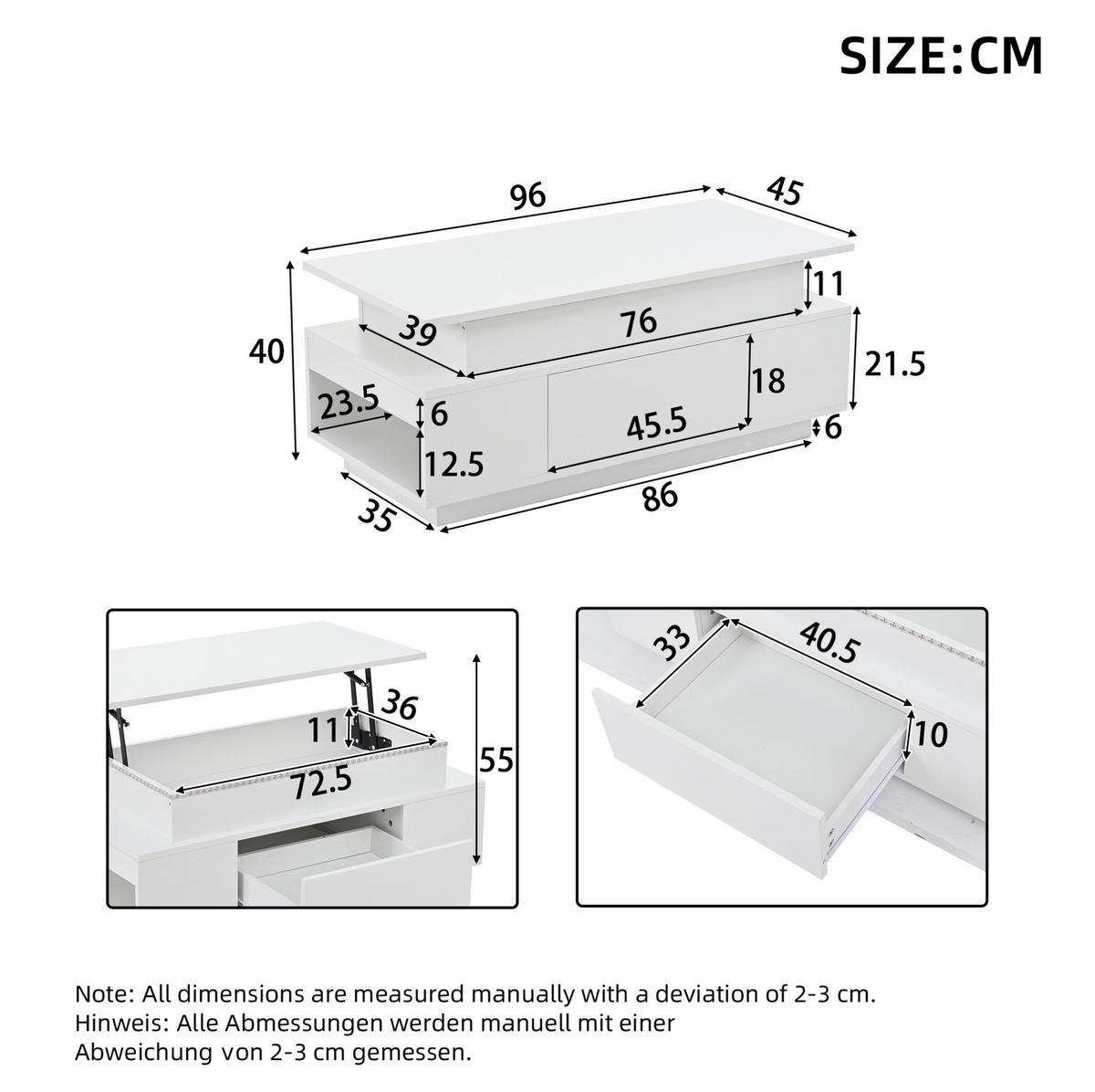 COUCHTISCH 96/45/40 cm in Weiß, höhenverstellbar mit Stauraum und LED-Beleuchtung - Weiß, Holzwerkstoff (96/45/40cm) - Flora Grace