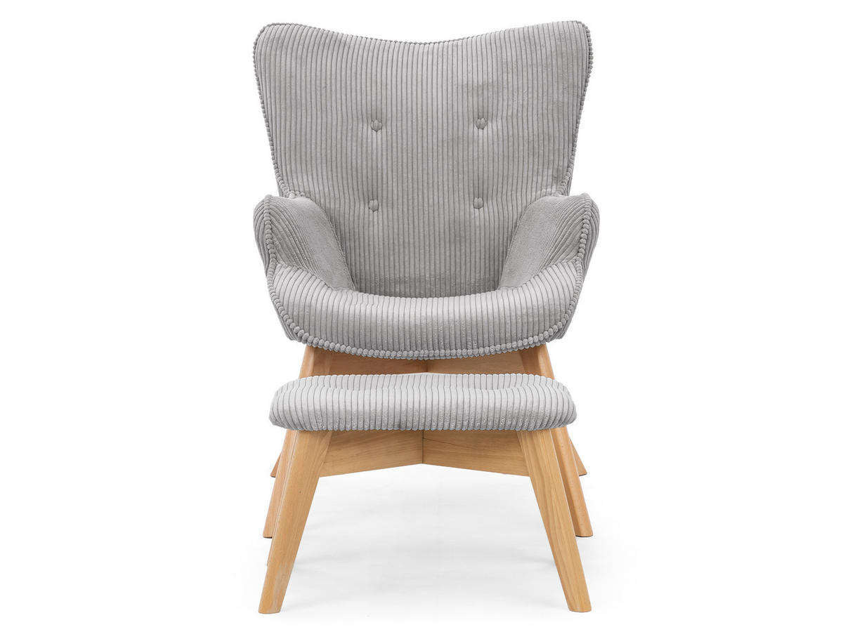 LOUNGESESSEL mit Fußhocker Lenari Hellgrau Cordstoff mit Füßen in Natur - Hellgrau/Naturfarben, Holz/Textil (71/96/86cm) - S-Style Möbel