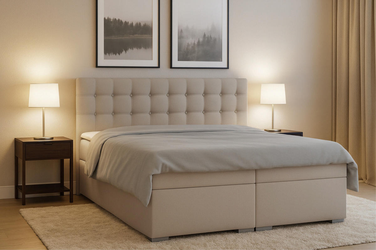 BOXBETT CLAUDIA 180/200 Velour Beige mit Bonell-Federkernmatratzen H3 - Beige, Holzwerkstoff (180/200cm) - Deine Möbel 24