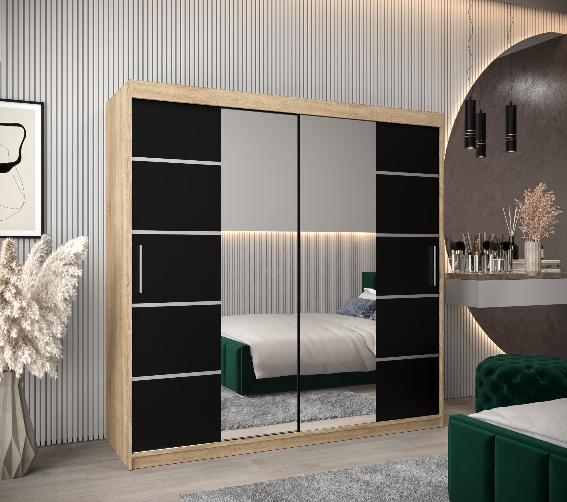 SCHWEBETÜRENSCHRANK 200/200/62 2-türig - Silberfarben/Schwarz, Holz/Kunststoff (200/200/62cm) - Abiks Möbel