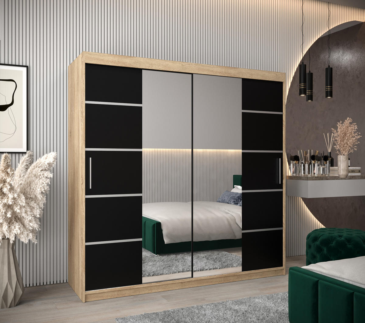 SCHWEBETÜRENSCHRANK 200/200/62 2-türig - Silberfarben/Schwarz, Holz/Kunststoff (200/200/62cm) - MÖBEL KRYSPOL