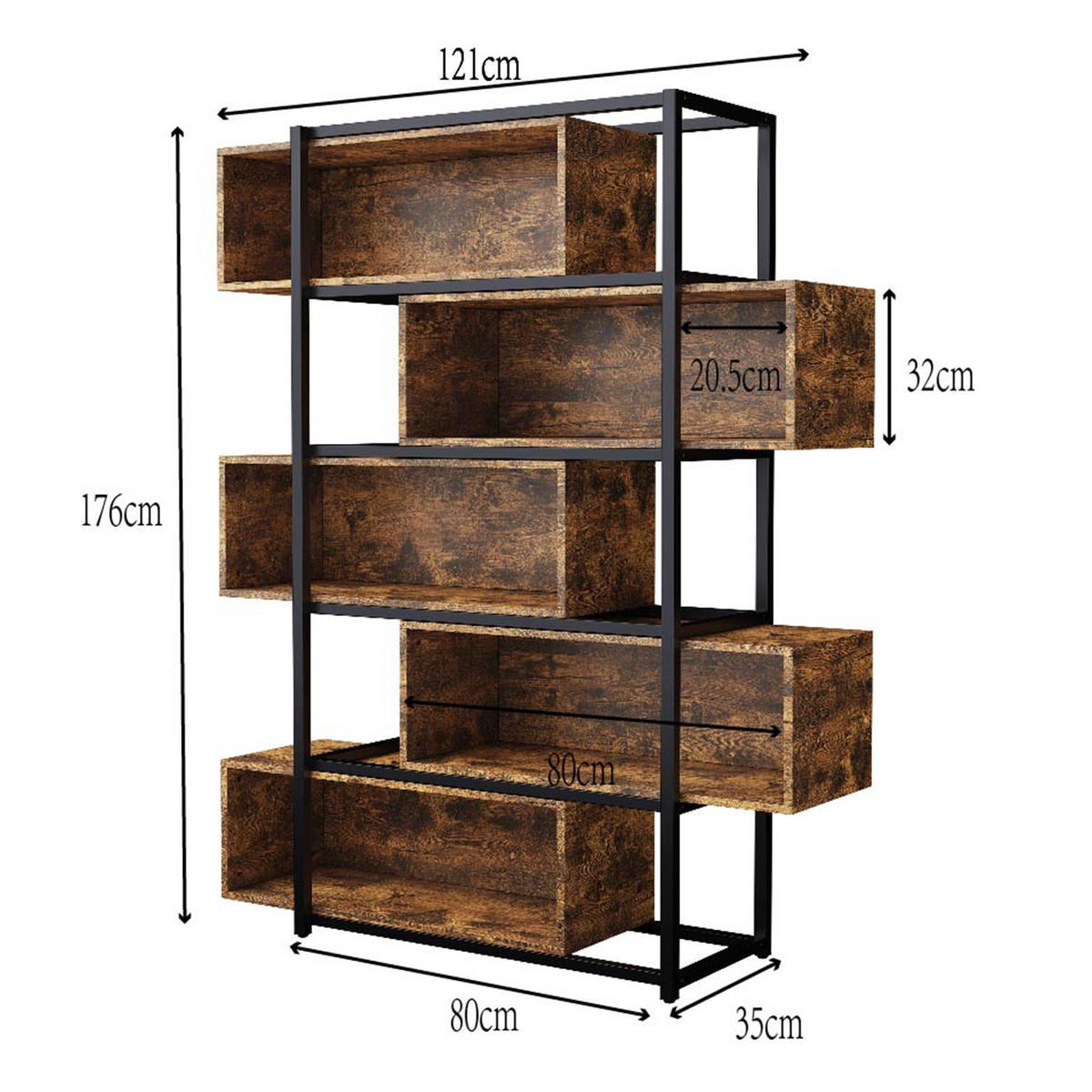 LEITERREGAL Industrielles Offenes Regalsystem mit 6 Fächern - Braun, Holzwerkstoff/Metall (121/176/35cm) - Urban Meuble