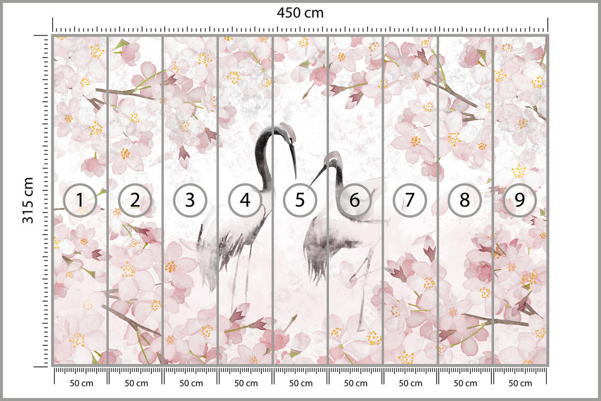 FOTOTAPETE für Schlafzimmer Kraniche Kirschblüten Aquarell Natur Rosa Vintage Blüten 450x315 - Beige/Rosa, Papier (450/315cm) - Muralo