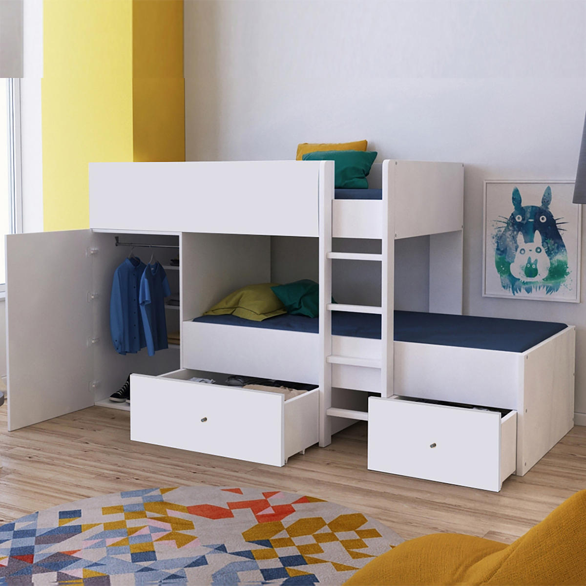 ETAGENBETT mit Schrank und Schubladen/ Bett 90x190 TWIN - Weiß - Weiß, Holzwerkstoff (90/190cm) - Weber Industries