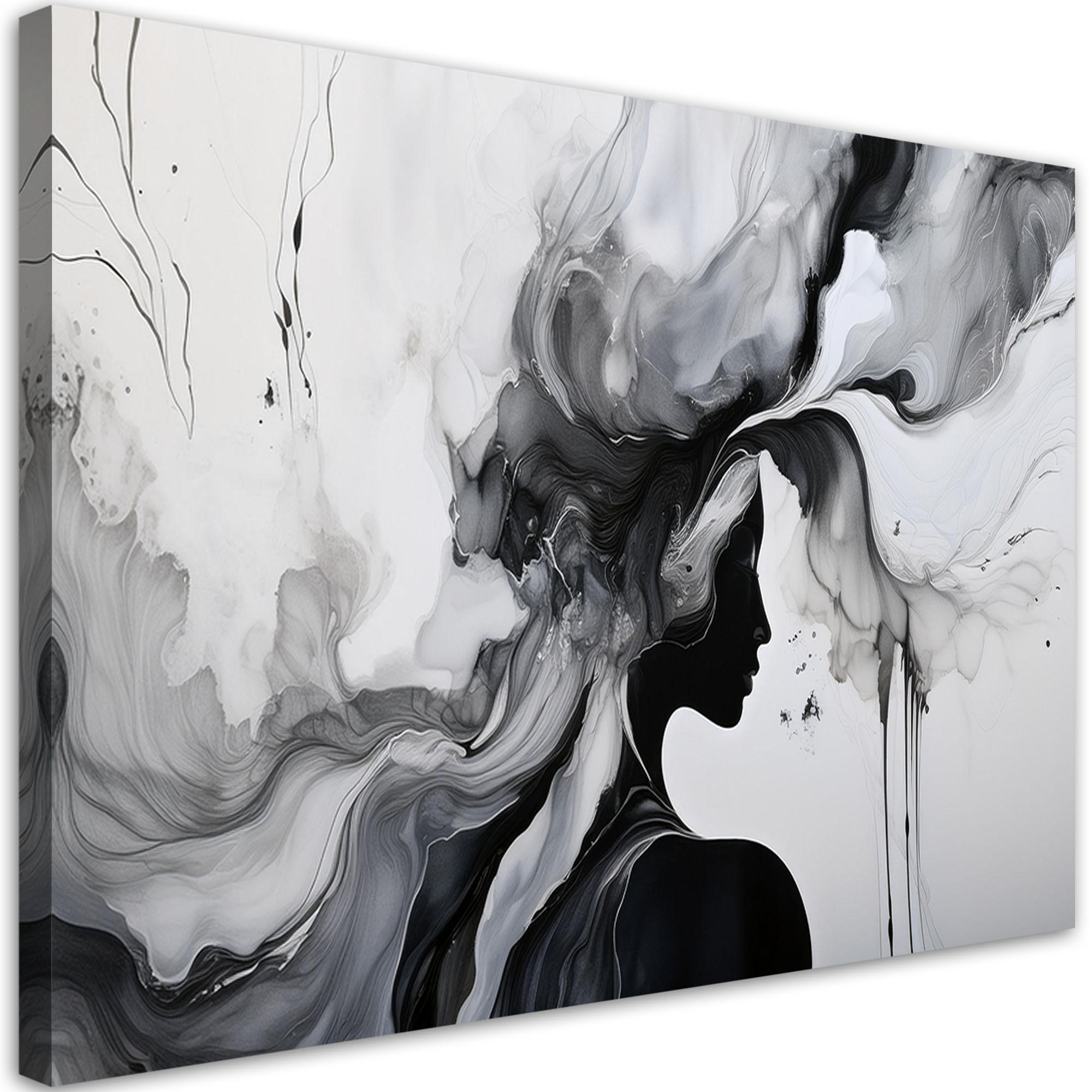 LEINWANDBILD Frau abstrakte Schwarz-Weiß-Tinte 100x70cm - Schwarz, Textil (100/70cm) - Feeby