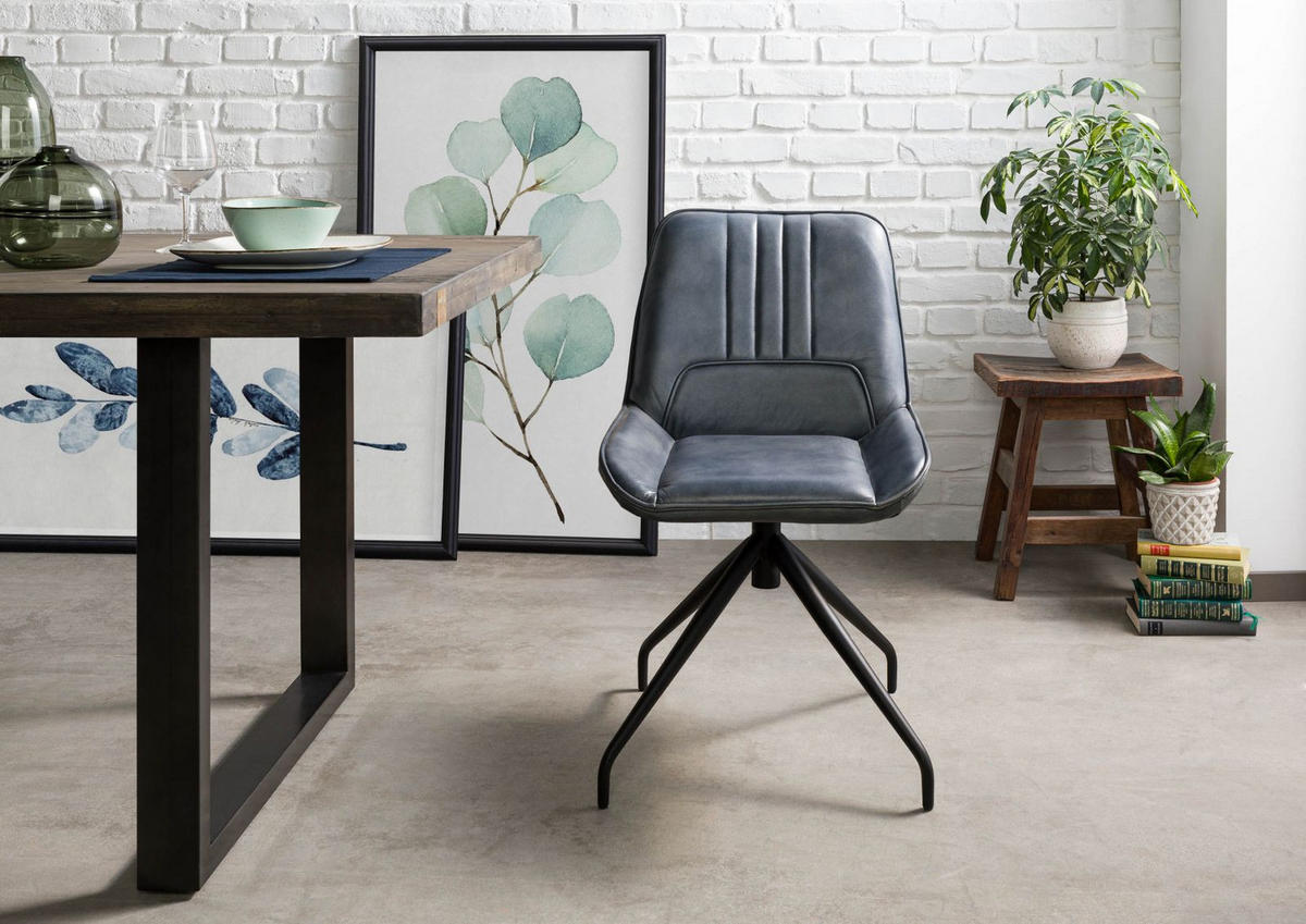 STUHL Echtleder 49 x 56 x 83 cm blau IRON LABEL #510 - Blau, Leder (49/83/56cm) - Massivmoebel24