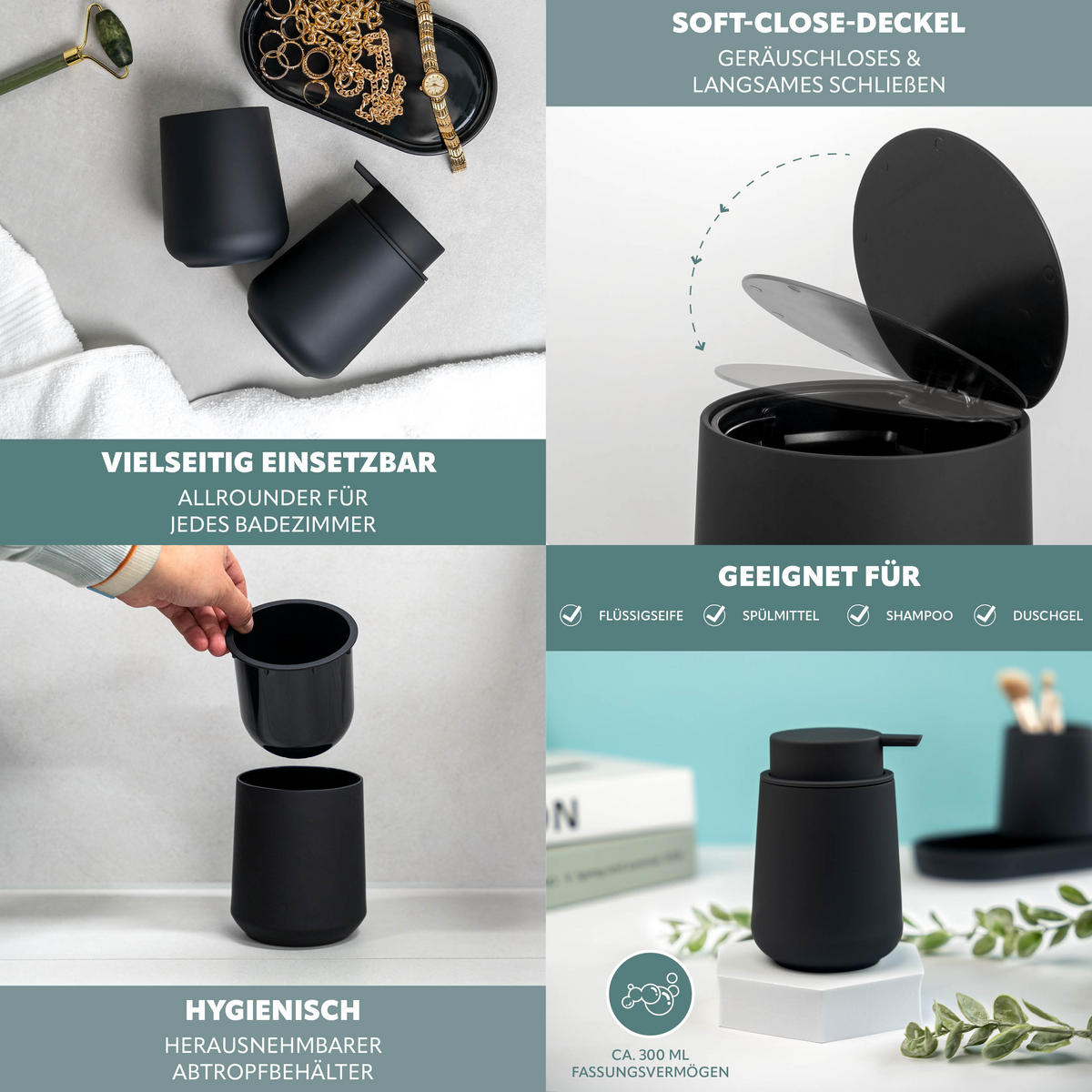 BAD-ACCESSOIRES-SET TESERO, Soft-Touch, schwarz - Schwarz, Kunststoff (22.5/25.5/25cm) - eluno