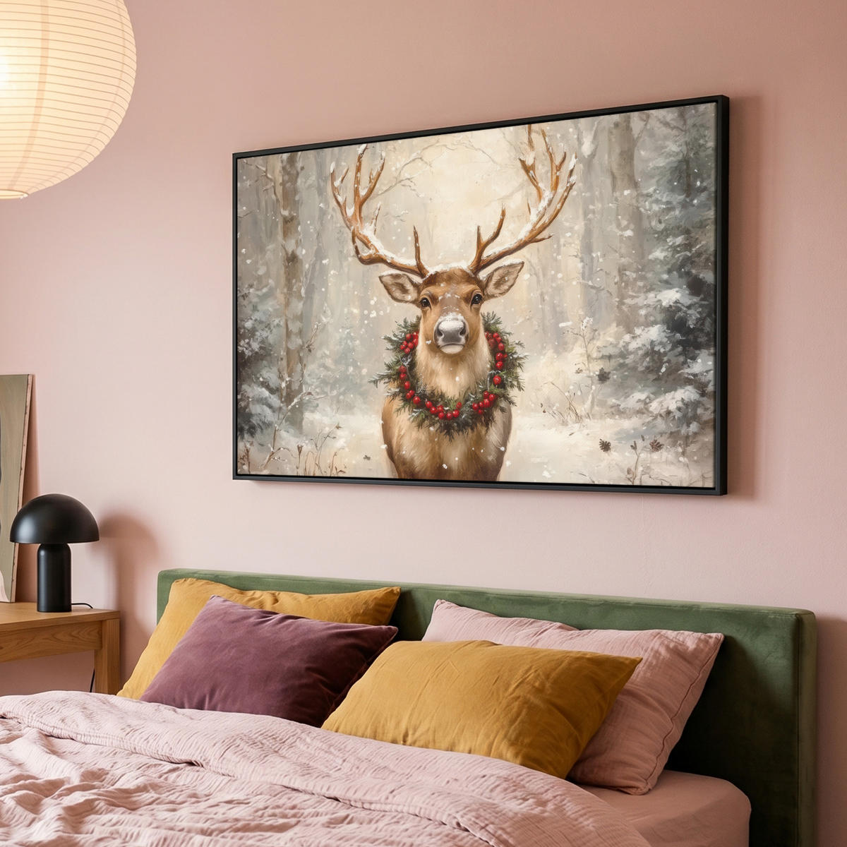 LEINWAND Bilder mit Rahmen - Weihnachten - Rentier - Winter - Kranz - 140x90 - Naturfarben, Textil (140/90cm) - MuchoWow