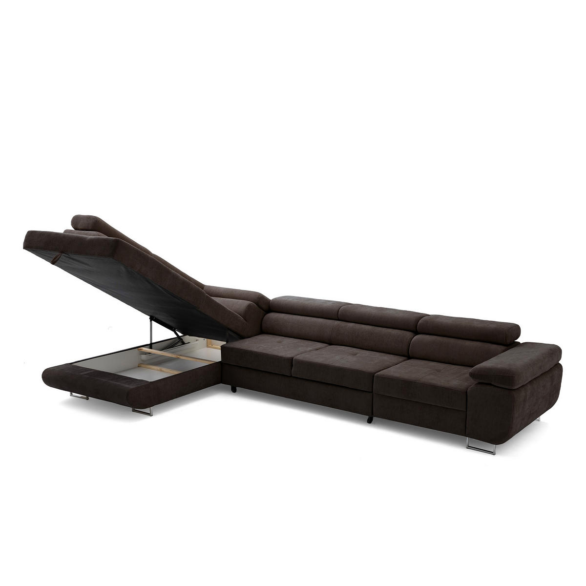 ECKSOFA WILD MAXI L Links mit Schlaffunktion 125x195 Chenille Dunkelbraun - Chromfarben/Dunkelbraun, Holz/Textil (350/203cm) - Muffo