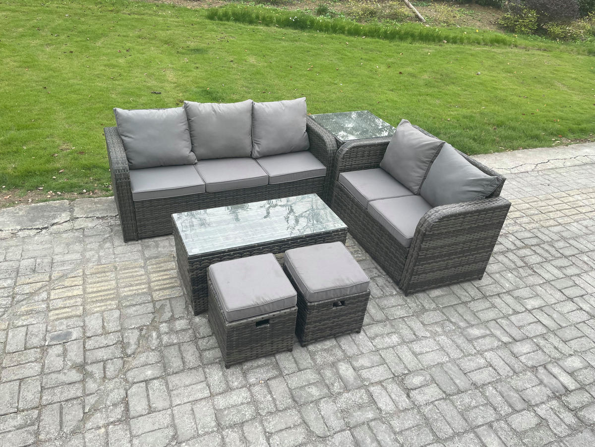 GARTENSOFA SET mit COUCHTISCH BEISTELLTISCH Polyrattan 7-Sitzer - Dunkelgrau/Grau, Glas/Kunststoff - Fimous