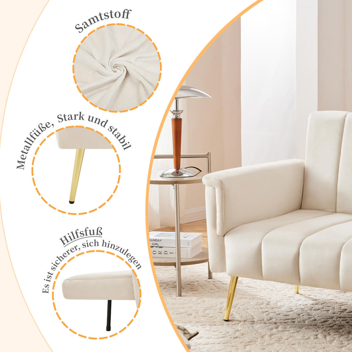 SCHLAFSOFA 183/76/75 cm in Beige – mit Samtbezug und verstellbaren Armlehnen - Beige, Textil (76/75/183cm) - BEAOK