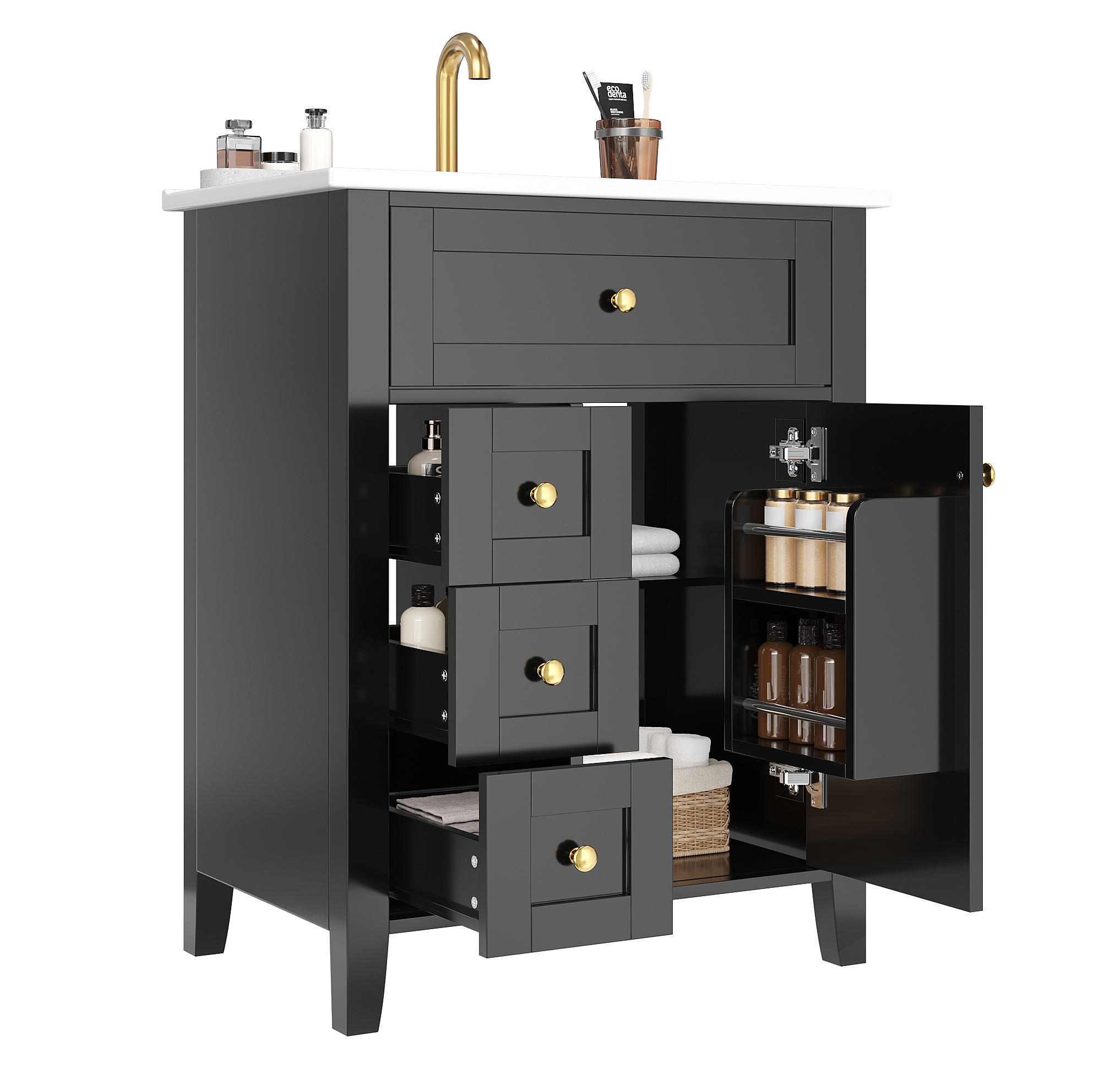WASCHTISCHUNTERSCHRANK aus MDF und Keramik 61x47x86 cm Schwarz mit Stauraum, Soft-Close und Keramikwaschbecken - Schwarz, Keramik (61/86/47cm) - Modfu