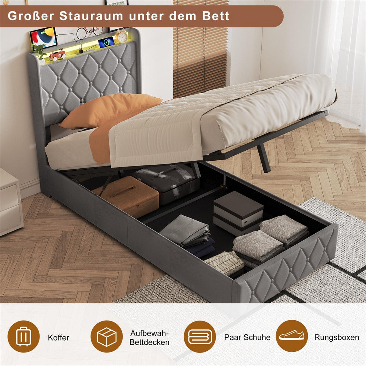 POLSTERBETT 90x200 cm mit hydraulischem Stauraum - Kopfteil Regal & LED - USB - ohne Matratze - Grau - Grau, Textil (90/200cm) - DELFA