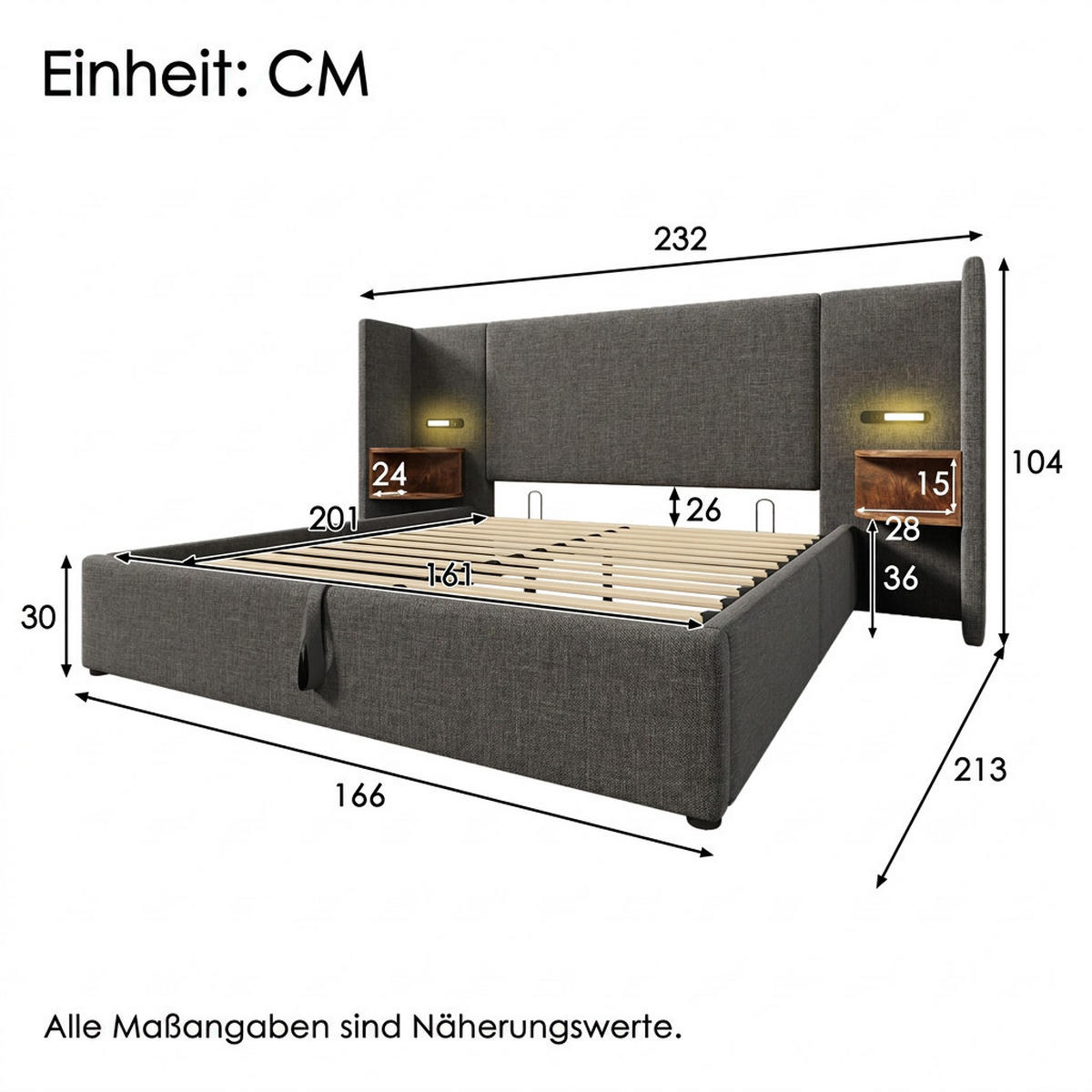 POLSTERBETT 160/200 cm Grau Leinen mit Nachttisch, Leselampe und USB Type-C Ladefunktion - Grau, Textil (160/200cm) - Oxeza