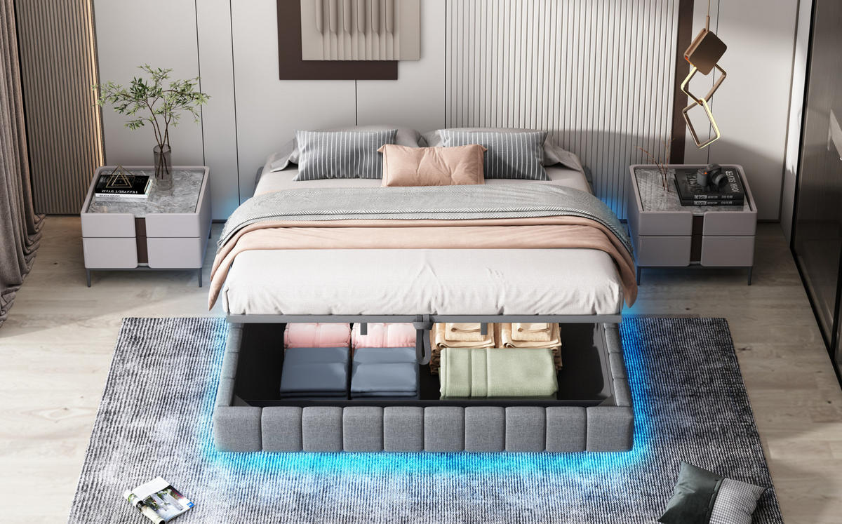 POLSTERBETT 180/200 cm grau aus Leinen mit LED und Stauraum - Grau, Textil (180/200cm) - OKMYHOME