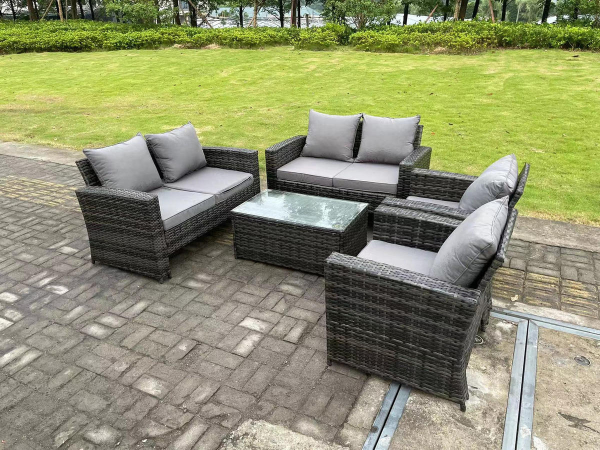 GARTENGARNITUR Polyrattan Dunkelgrau 6-Sitzer - Dunkelgrau, Metall - Fimous