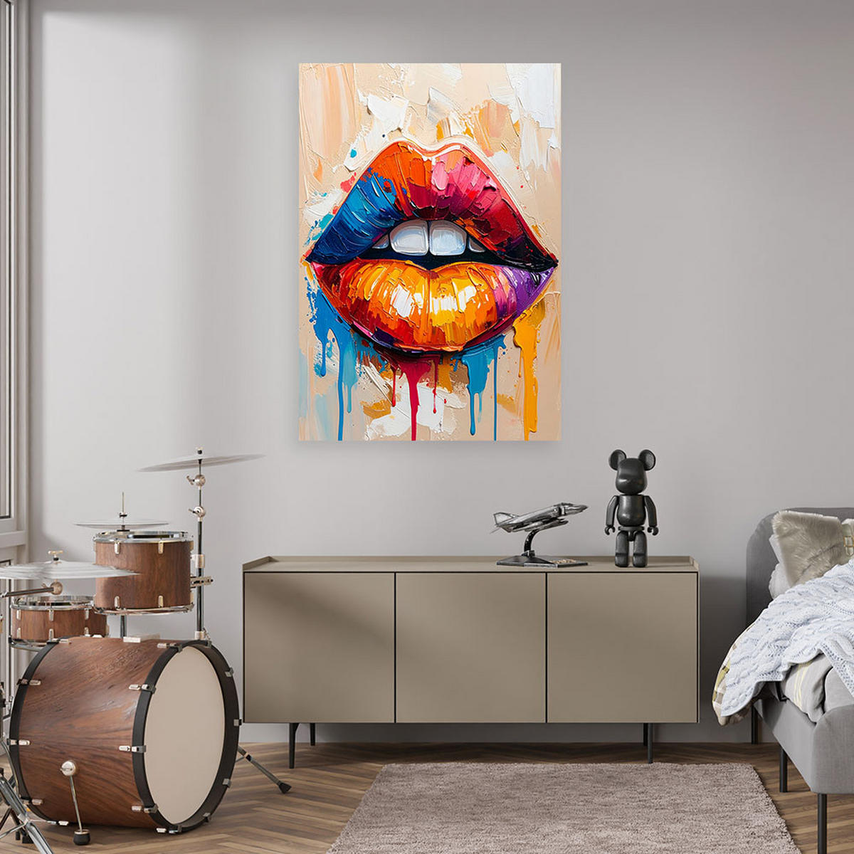 LEINWANDBILD Bunte Lippen Abstrakt 60x90cm - Multicolor, Textil (60/90cm) - Feeby