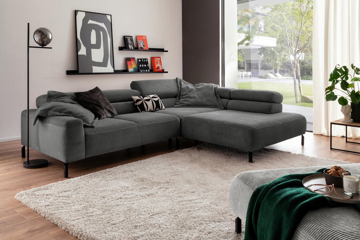 ECKSOFA MIT MOTORISCHEM SITZVORZUG DELIA Grau Cord - Schwarz/Grau, Textil/Metall (312/219cm) - KAWOLA