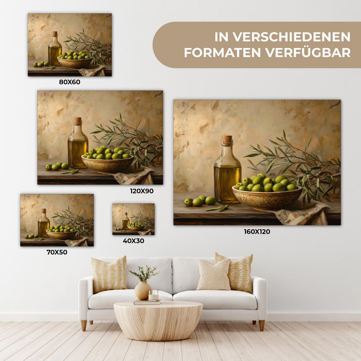 LEINWANDBILD Oliven - Stilleben - Vintage Wandbilder 80x60 cm - Olivgrün, Textil (80/60cm) - MuchoWow