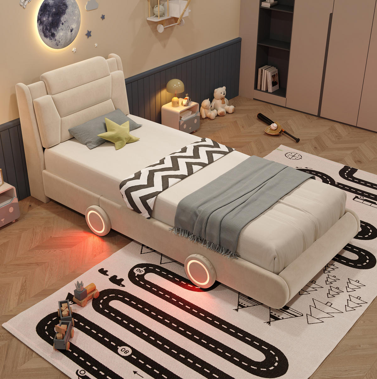 KINDER-POLSTERBETT aus Flanell 90x200 cm Beige im Auto-Design mit Lichtleisten - Beige, Textil (90/200cm) - Modfu