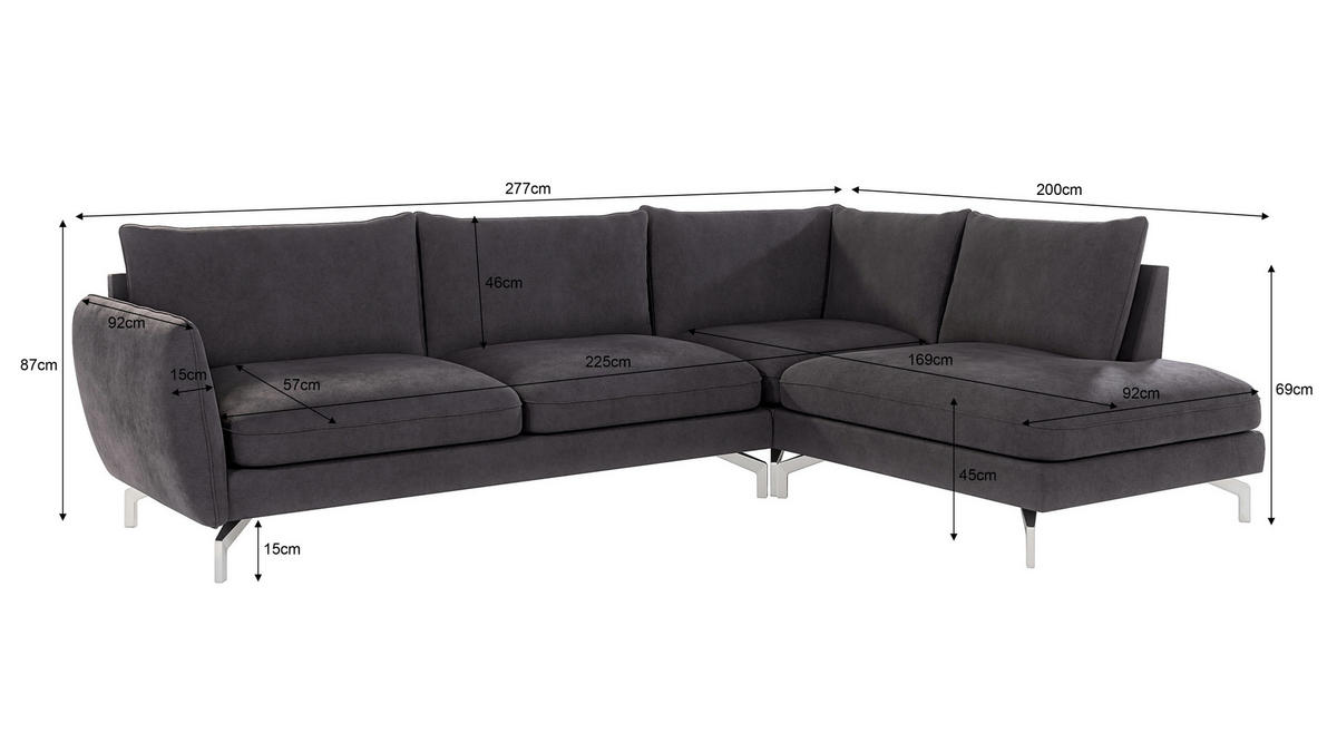 ECKSOFA Elou Graphit Microfaser - Chromfarben/Graphitfarben, Holz/Textil (277/200cm) - S-Style Möbel
