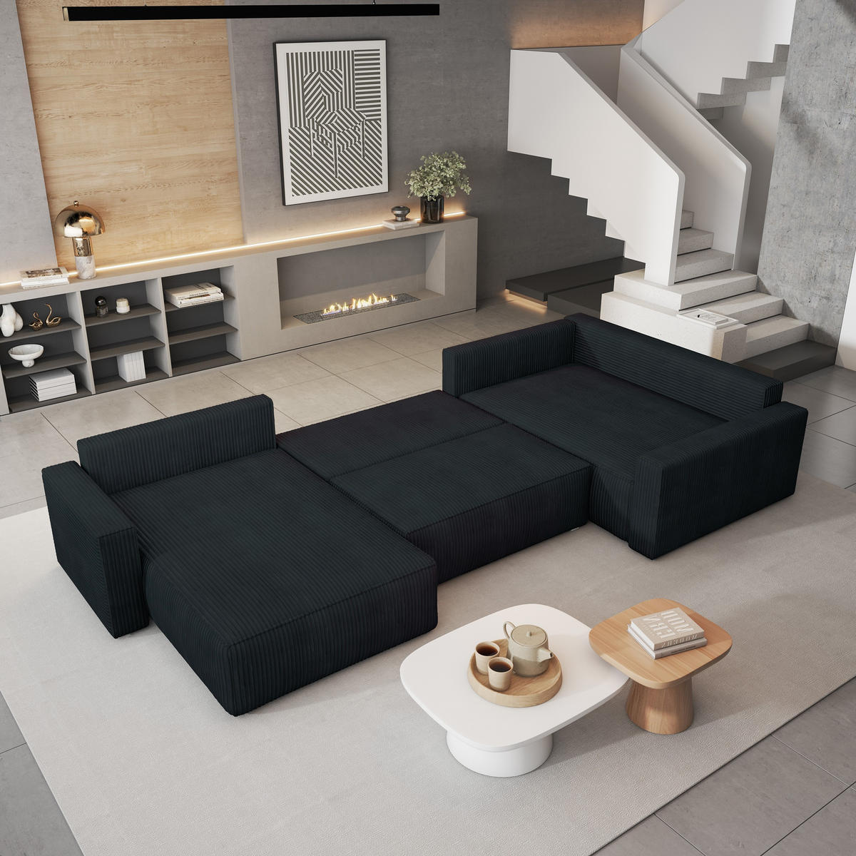 WOHNLANDSCHAFT VELAMI R-S Schwarz Kordstoff mit Schlaffunktion - Schwarz, Holz (365/83/194cm) - MASSENO