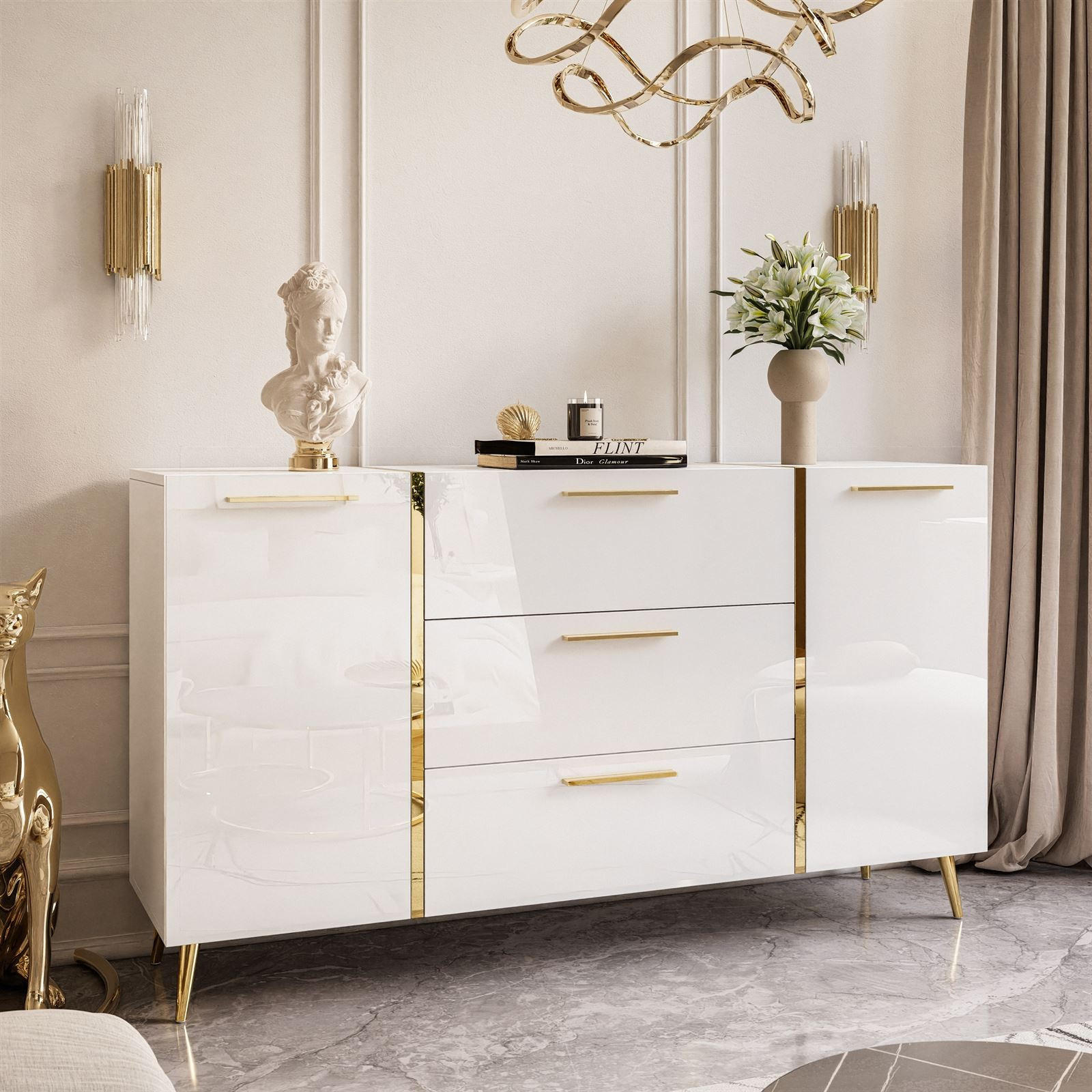 SIDEBOARDS MIT SCHUBLADEN ONYX AUF GOLDENEN BEINEN HOCHGLANZ 158 CM - Weiß, Holzwerkstoff (158/88/41.3cm) - Lookway
