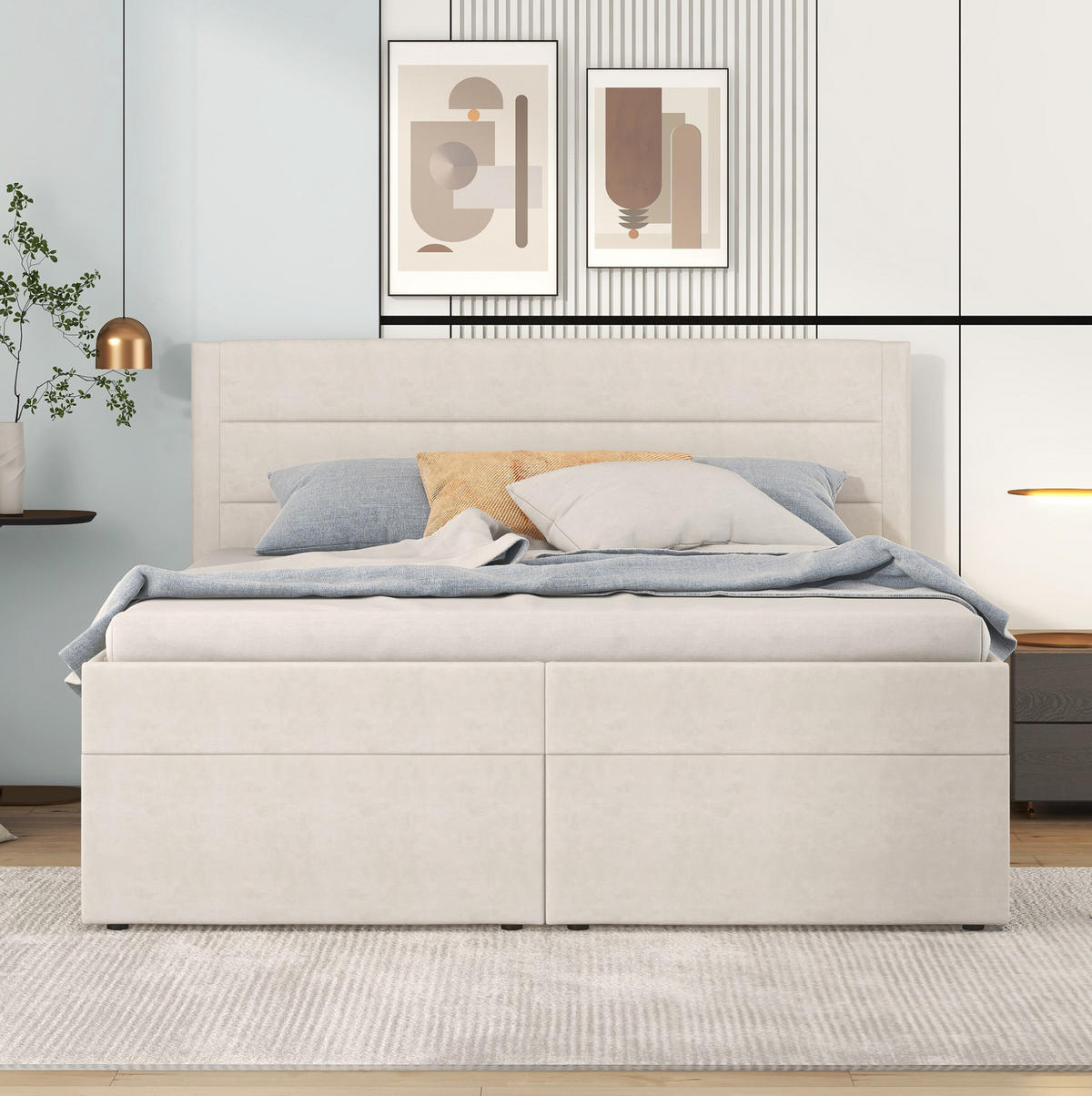 ČALÚNENÁ posteľ z masívneho dreva a MDF 140x200 cm béžová s veľkým úložným priestorom a výklopným roštom - béžová, textil (140/200cm) - Modfu