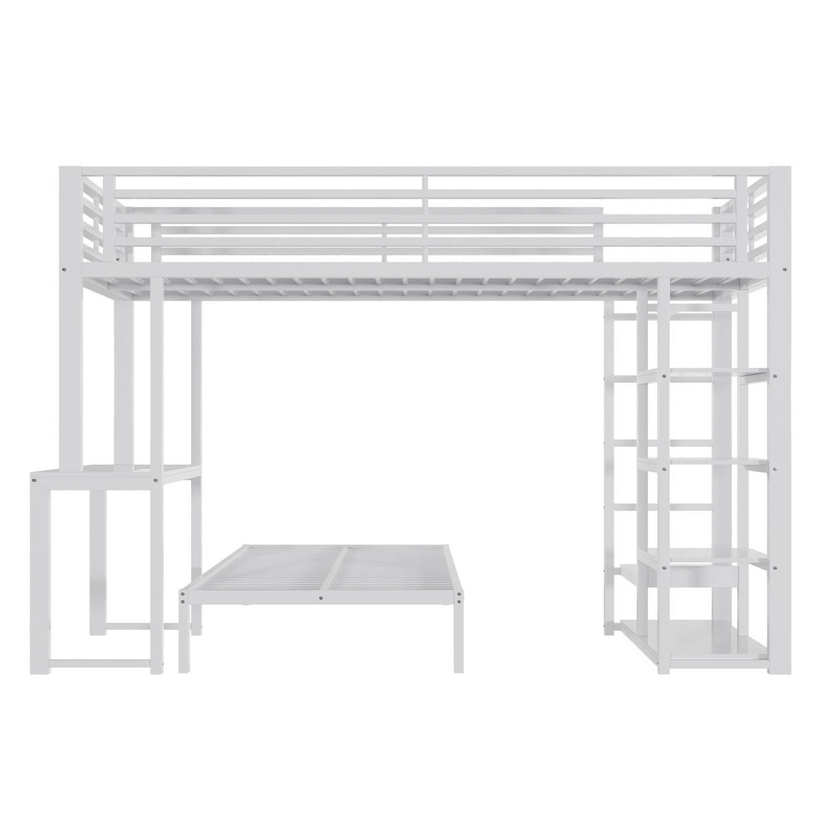 ETAGENBETT 90/200 cm Weiß mit Schreibtisch, Kleideraufbewahrung, USB- und Type-C-Schnittstelle - Weiß, Metall (90/200cm) - Oxeza