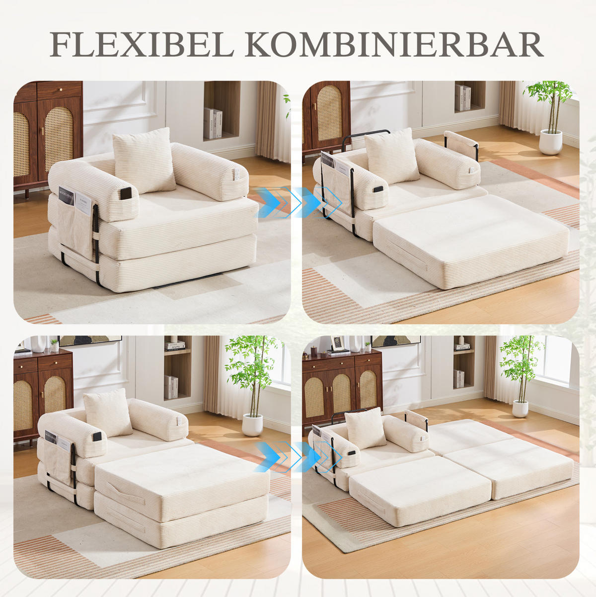 SESSEL mit Hocker 112/190/67 cm montagelos, mit Seitentasche, Kissen und modularem Design, Beige - Beige, Textil (190/67/112cm) - Redom