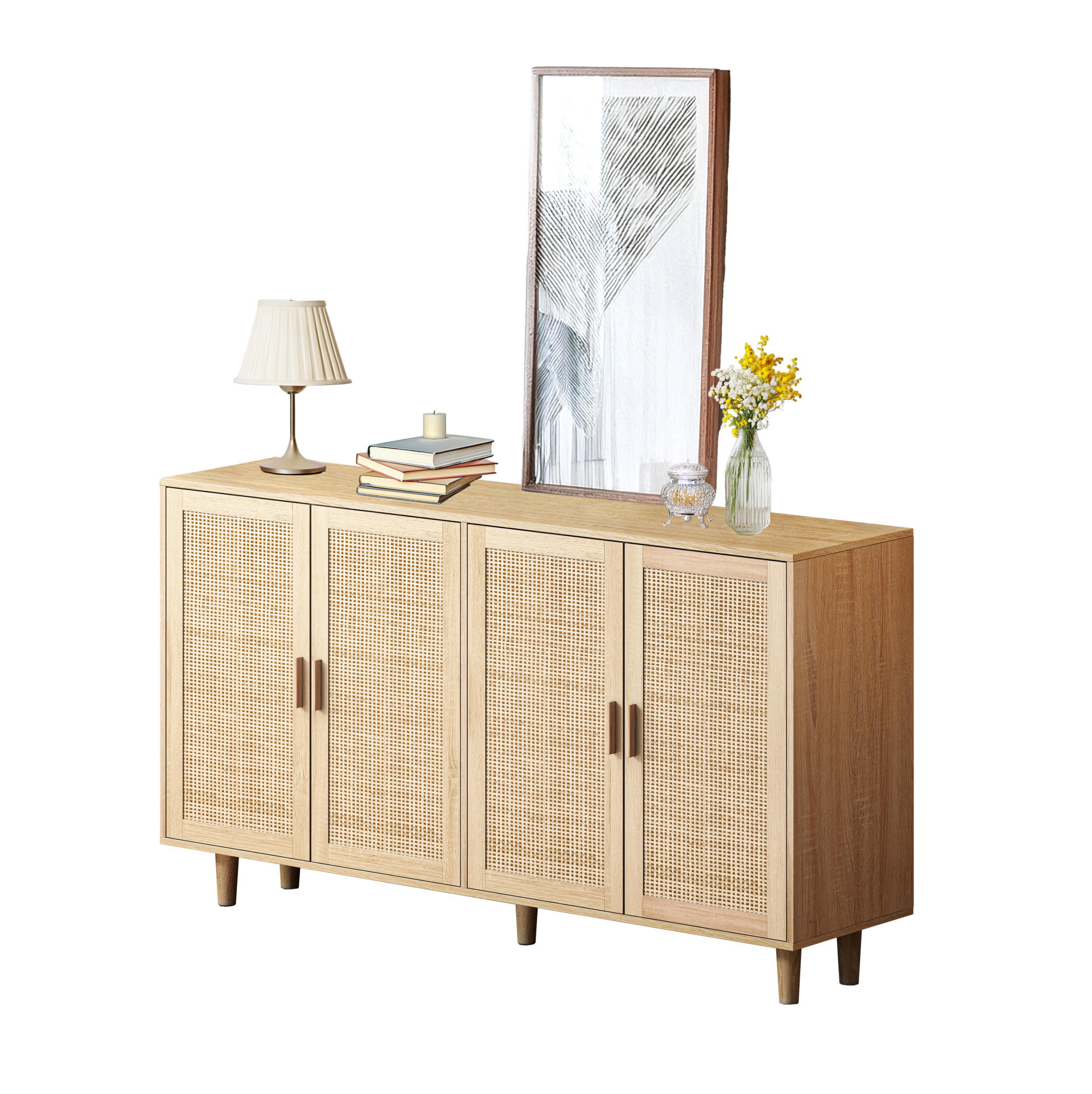 SIDEBOARD 158/40/88 cm aus Spanplatte mit 4 Rattantüren Natur - Naturfarben, Holzwerkstoff (158/88/40cm) - Modenvie